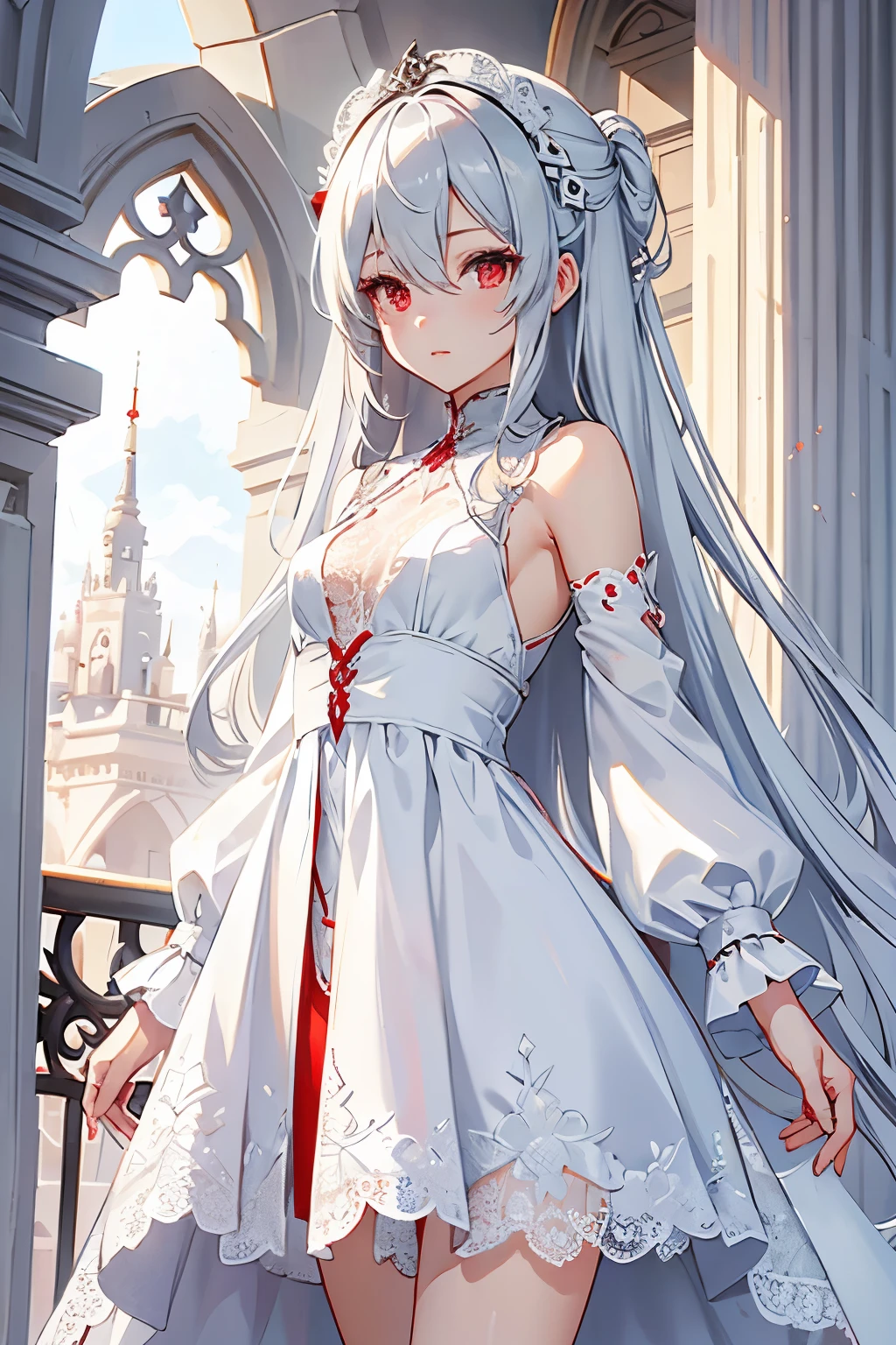 Character design, female, long silver hair, wearing a short white lace dress, red eyes, small frame, detailed, best quality