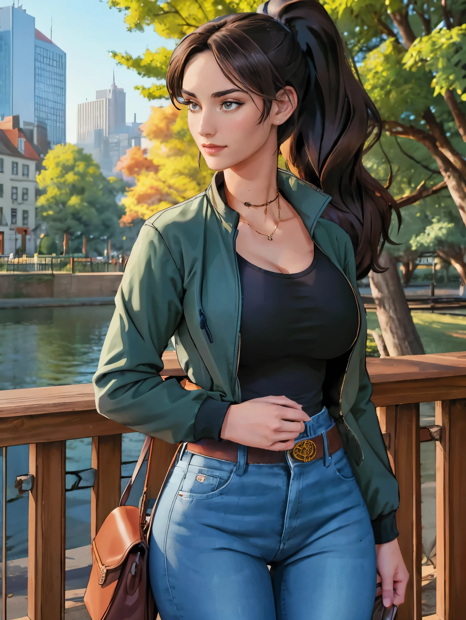 (masterpiece, top quality, best quality, official art, beautiful and aesthetic:1.2), (1girl:1.3), dark brown hair pulled back, elegant updo, extremely detailed, portrait, looking at viewer, facing viewer, solo, (full body:0.6), detailed background, close up, kindly eyes, (warm summer park theme:1.1), busty woman, charlatan, smirk, mysterious, long hair, huge ponytail, slim, thin, athletic, womanly, elastic woman, dark green jacket, tank top, blue jeans, hair bandana, camera bag, brunette, city, heroic, cheerful, city exterior, park, street, daylight, soft lighting, natural lighting, athletic, strong, slim waist, slim hips, long legs, muscular legs, modern (city park exterior:1.1) background, bright mysterious lighting, shadows, magical atmosphere, dutch angle,