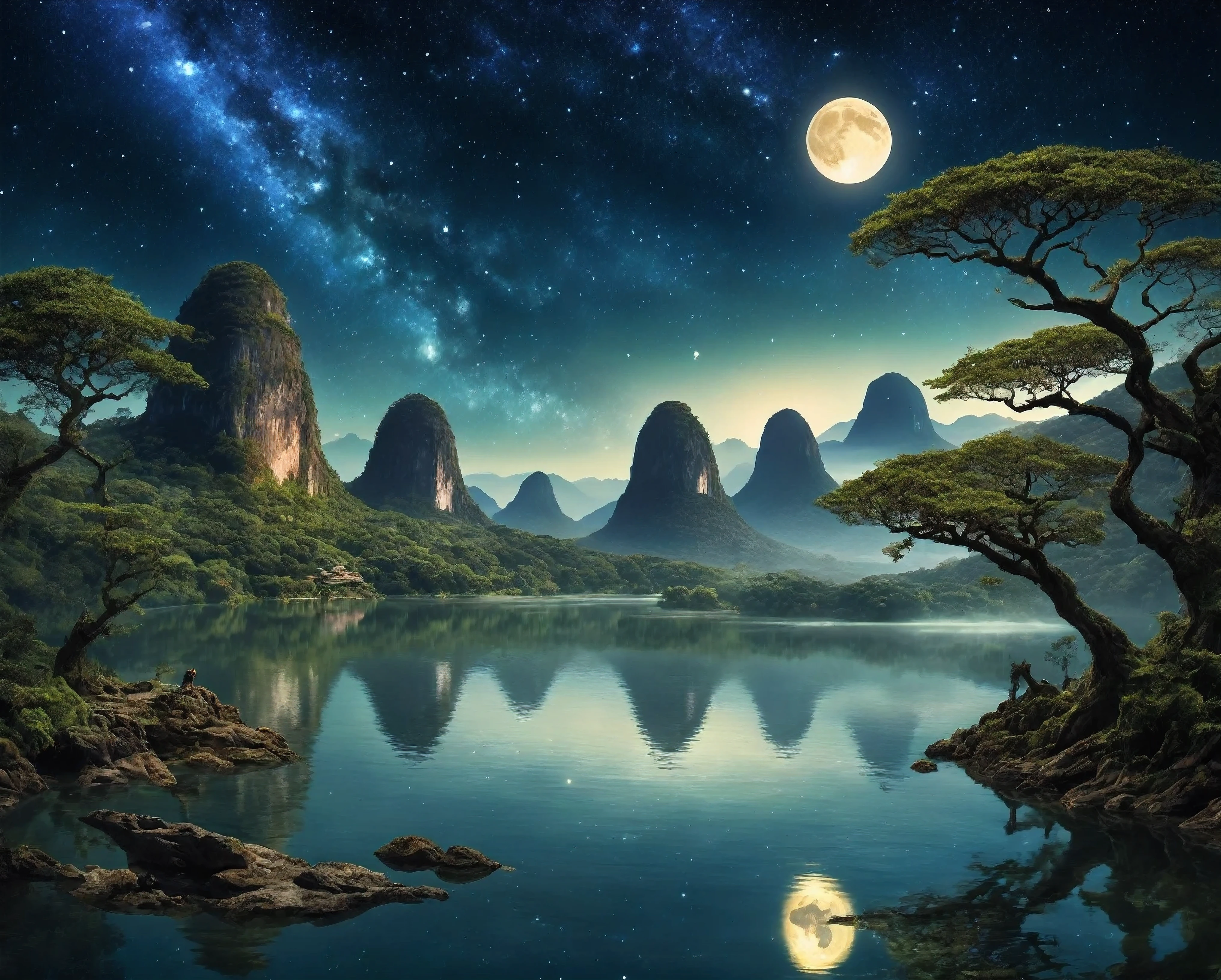 "An epic and magical landscape stretches before your eyes, with imposing mountains that rise to touch the starry sky. No centro da paisagem, um castelo antigo repousa sobre uma colina, suas torres se destacam contra o horizonte. Uma cascata gigantesca cai das montanhas, formando um rio que serpenteia pela paisagem, refletindo a luz da lua cheia. Mystical creatures fly through the skies, while ancient trees stand as guardians of the land. No ar, sparks of magic dance around a crescent moon, Creating a spectacle of twinkling lights. This is a land of fantasy and wonder, where the impossible becomes reality and dreams come to life."
