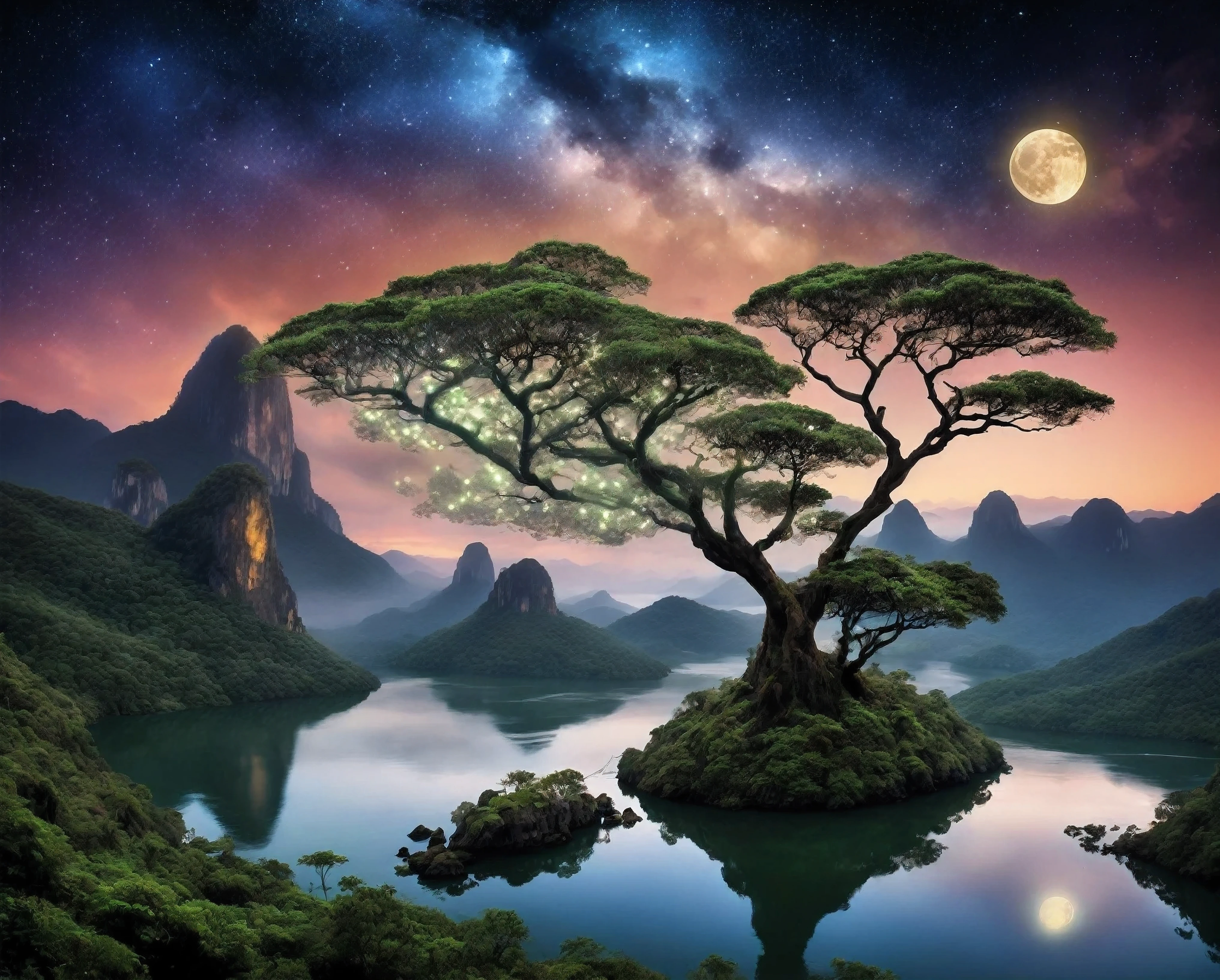 "An epic and magical landscape stretches before your eyes, with imposing mountains that rise to touch the starry sky. No centro da paisagem, um castelo antigo repousa sobre uma colina, suas torres se destacam contra o horizonte. Uma cascata gigantesca cai das montanhas, formando um rio que serpenteia pela paisagem, refletindo a luz da lua cheia. Mystical creatures fly through the skies, while ancient trees stand as guardians of the land. No ar, sparks of magic dance around a crescent moon, Creating a spectacle of twinkling lights. This is a land of fantasy and wonder, where the impossible becomes reality and dreams come to life."