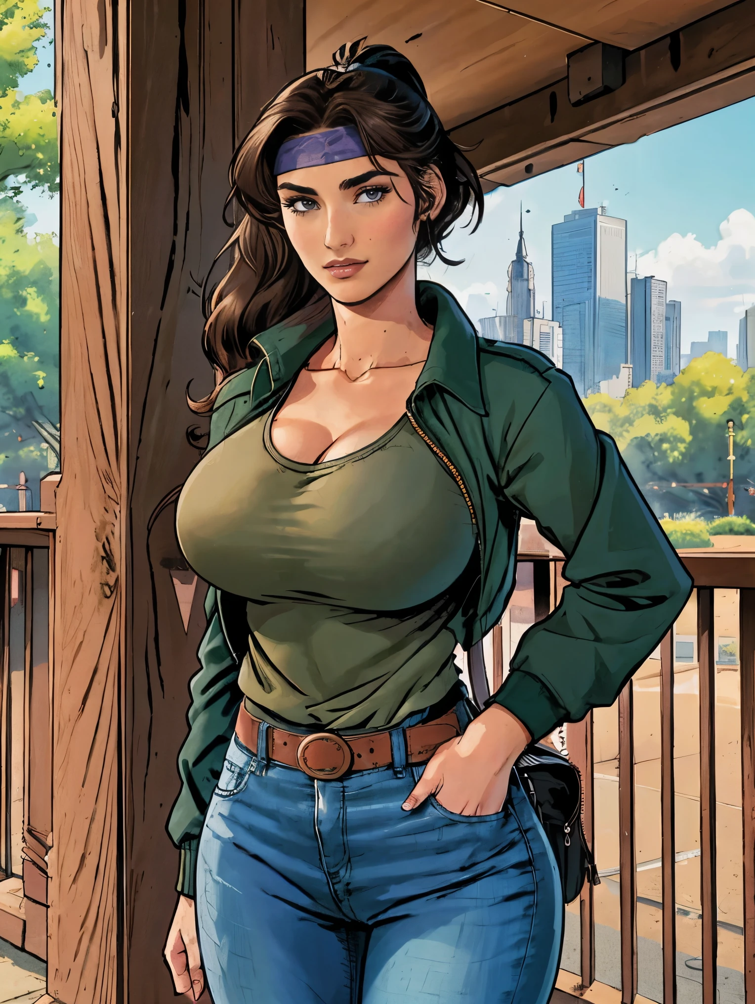 (masterpiece, top quality, best quality, official art, beautiful and aesthetic:1.2), (1girl:1.3), dark brown hair pulled back, elegant updo, extremely detailed, portrait, looking at viewer, facing viewer, solo, (full body:0.6), detailed background, close up, kindly eyes, (warm summer park theme:1.1), busty woman, charlatan, smirk, mysterious, long hair, huge ponytail, slim, thin, athletic, womanly, elastic woman, dark green jacket, tank top, blue jeans, hair bandana, camera bag, brunette, city, heroic, cheerful, city exterior, park, street, daylight, soft lighting, natural lighting, athletic, strong, slim waist, slim hips, long legs, muscular legs, modern (city park exterior:1.1) background, bright mysterious lighting, shadows, magical atmosphere, dutch angle, 