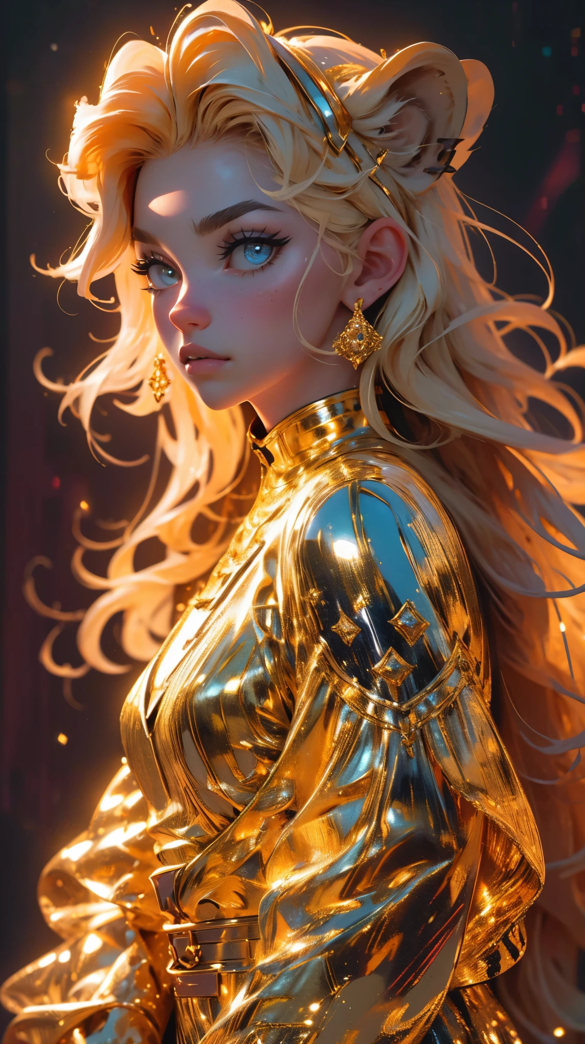 (best quality, highres, realistic:1.37), beautiful girl, golden hair, detailed eyes, detailed lips, long eyelashes, standing near lion animal, vibrant colors, warm lighting
