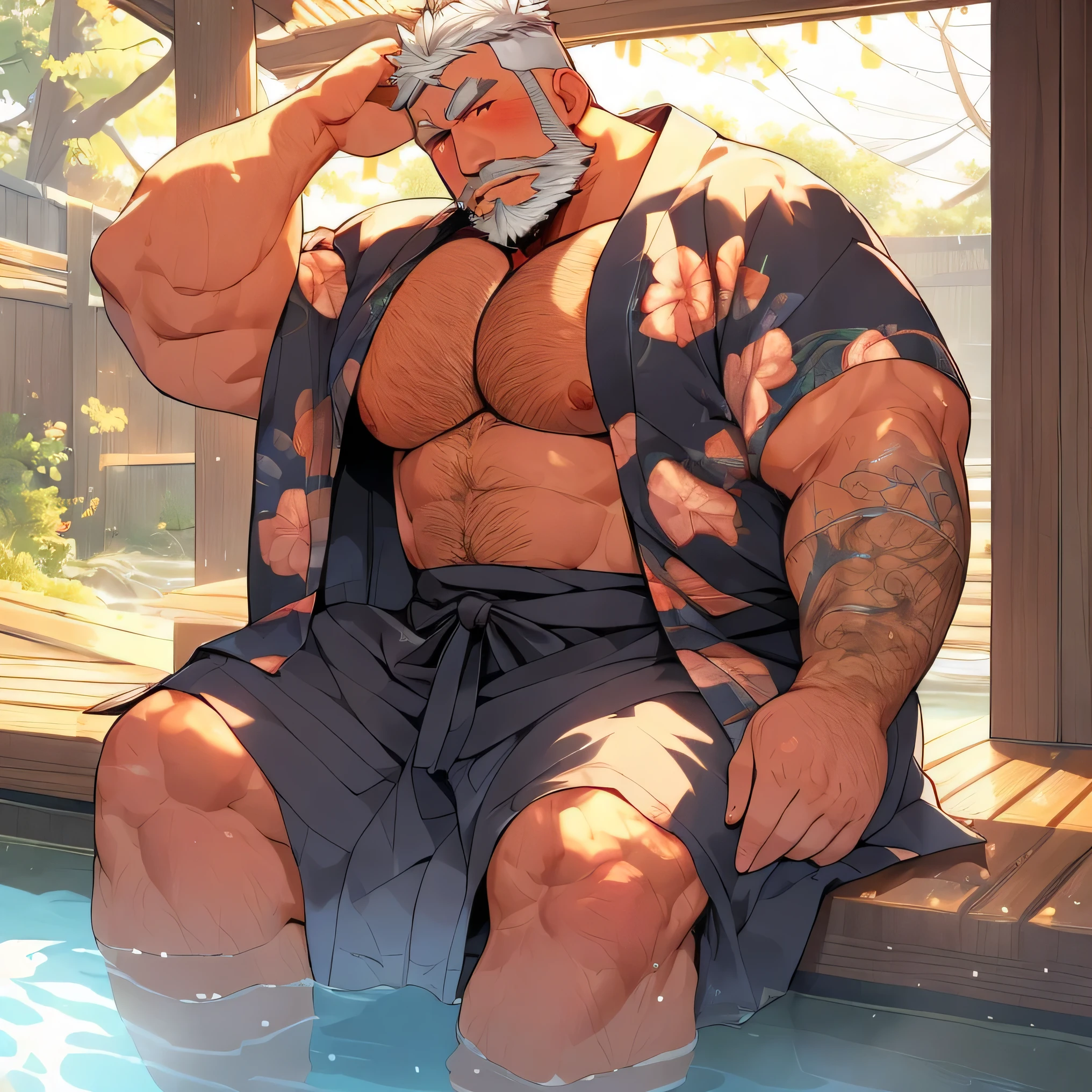 man, alone, kimono, sitting, in a hot spring, barazoku, hairy, muscular body, thick beard, fade haircut, silver hair color, black beard, red eyes, tattoos, embarrassed, blushing,