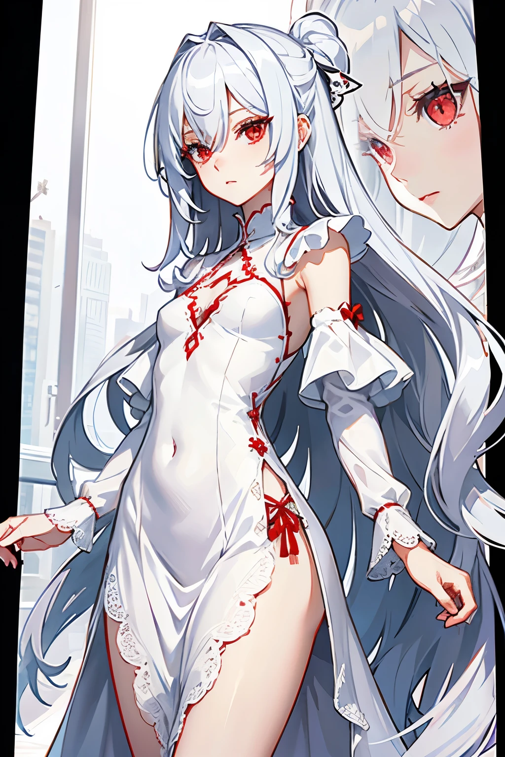Character design, female, long silver hair, wearing a short white lace dress, red eyes, small frame, very skinny, detailed, best quality