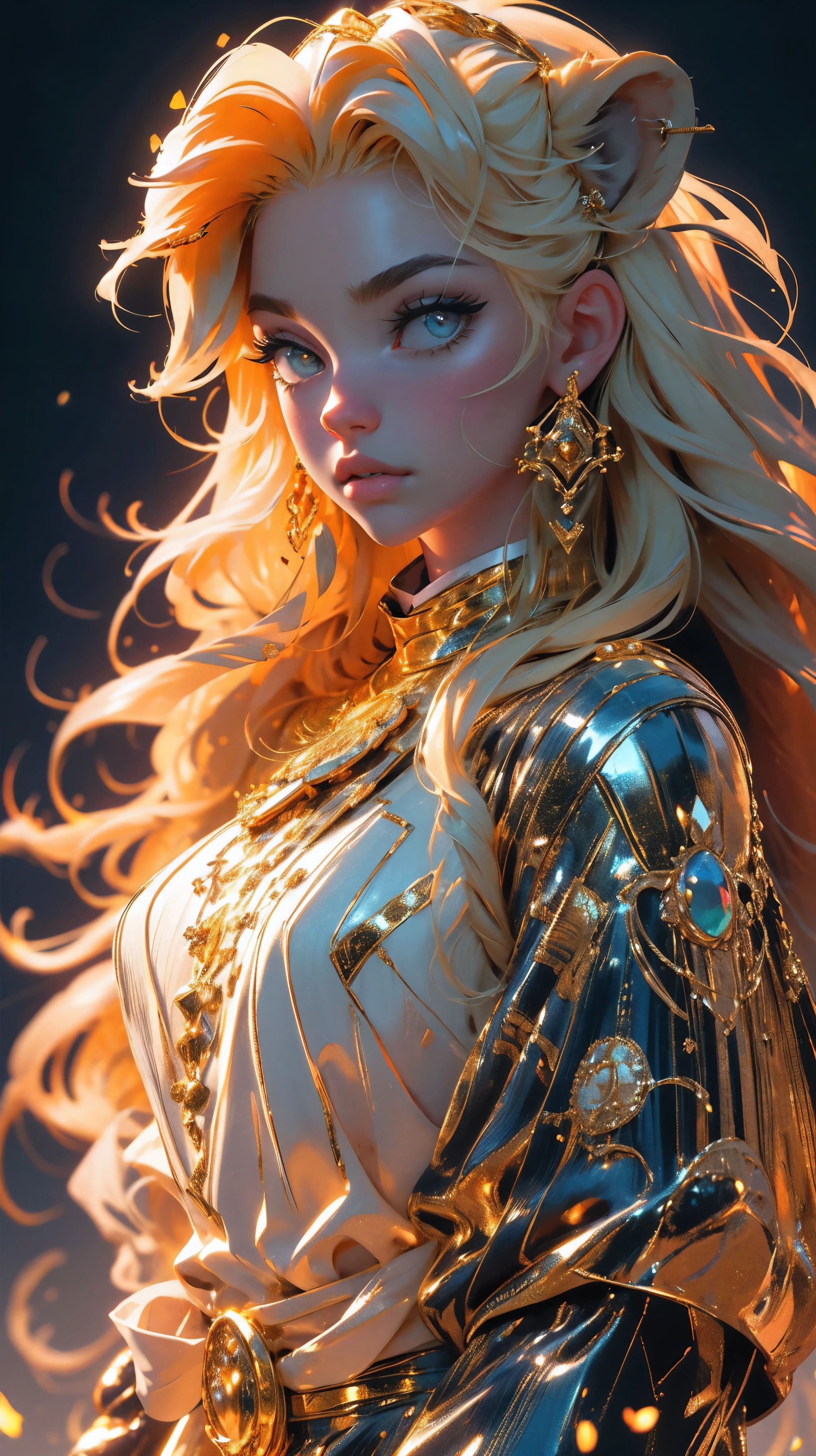 (best quality, highres, realistic:1.37), beautiful girl, golden hair, detailed eyes, detailed lips, long eyelashes, standing near lion animal, vibrant colors, warm lighting