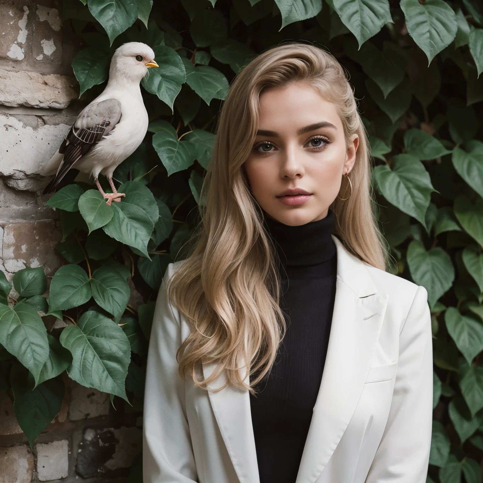 Photo of a pale woman in a white jacket over a black turtleneck.. Ella tiene el pelo largo y rubio y labios rojos brillantes.. The backdrop is a wall of ivy., some tendrils of which are around you. Hay una paloma posada en la hiedra., mirando a la mujer. fotorrealista. Estilo Kodak Retrato.