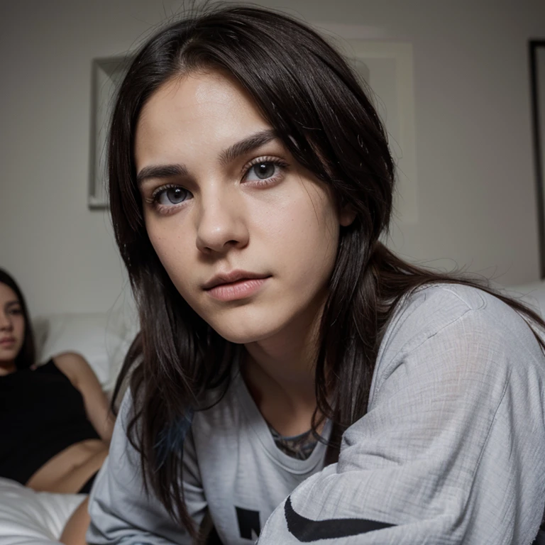 Girl so sad in his room, with his son sitting on his laps, 8k realistic imagery, blue scenery like a movie scene, young american setting, inspired by blade runner movie scene, blue tone,