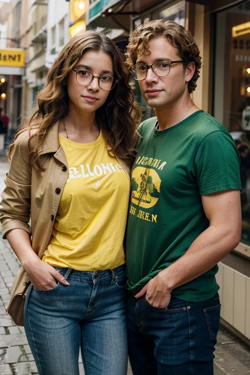 Emily has curly brown hair and is wearing a yellow raincot. John has blond hair and wears glasses, a green T-shirt, jeans. JOhn does not wear a coat.
