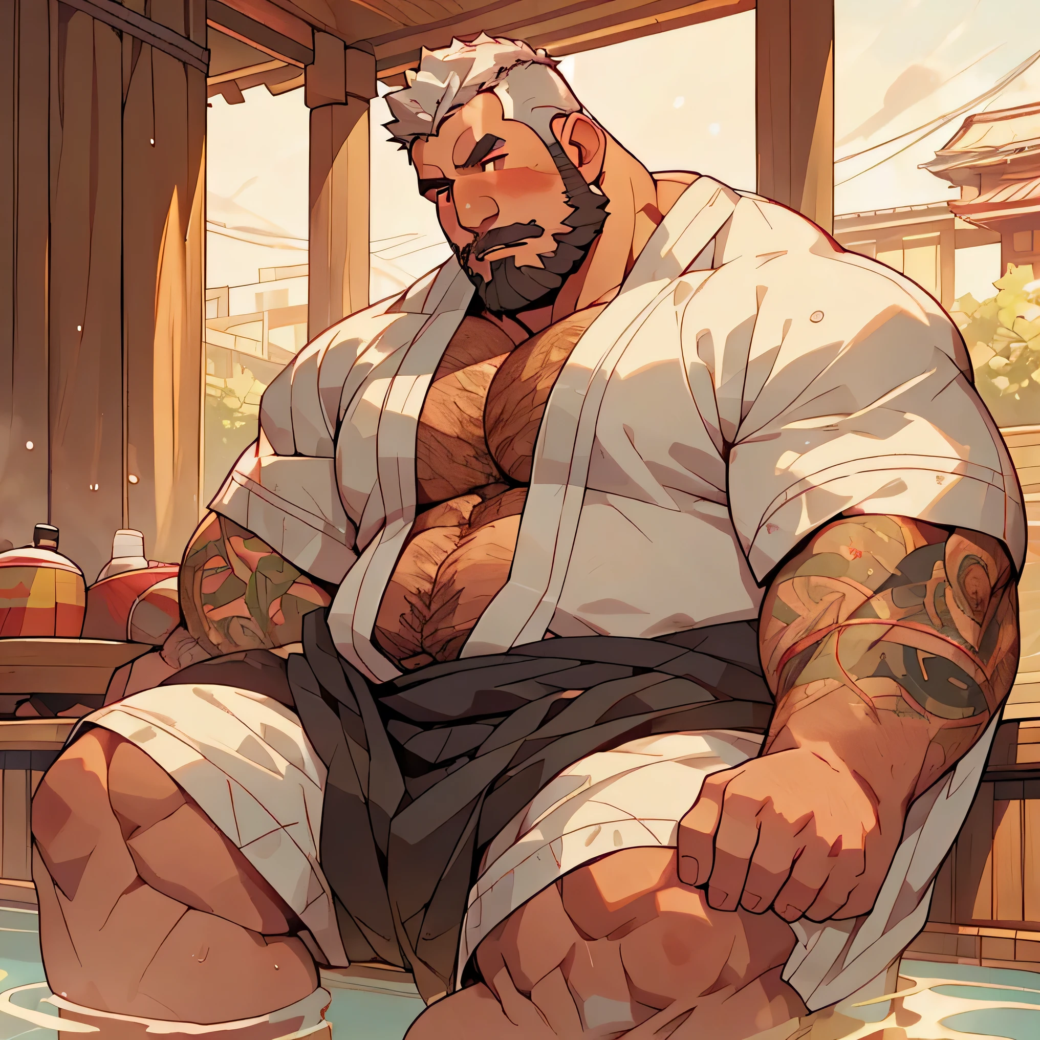 Man, alone, detailed eyes, kimono, sitting, in a hot spring, barazoku, hairy, muscular body, thick beard, faded haircut, silver hair color, black beard, red eyes, tattoos, embarrassed, blushing,