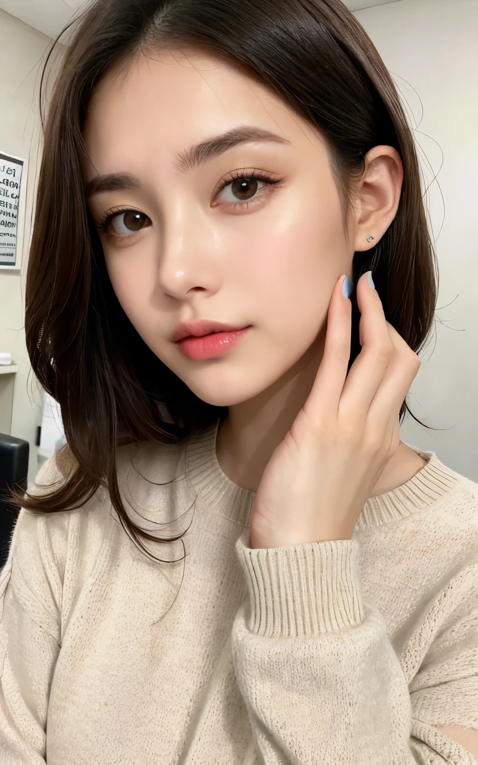 Beautiful brunette in a light beige sweater (Nail care in a modern beauty salon), Muy detallado, 21 years, rostro inocente, cabello ondulado natural, ojos azules, high resolution, jefe de&#39;obra de arte, mejor calidad, detalles intrincados, Muy detallado, Sharp focus, Piel detallada, realistic skin texture, textura, ojos detallados, profesional, 4k, sonrisa encantandora, filmado en canon, 85mm, poca profundidad de campo,  Kodak Vision Color, cuerpo perfectamente ajustado, extremadamente detallado, Photographyr_\(ultra\), fotorrealista, realista, Post tratamiento, maximum details, aspereza, vida real, ultra realista, photorealism, Photography, 8k eh, Photography