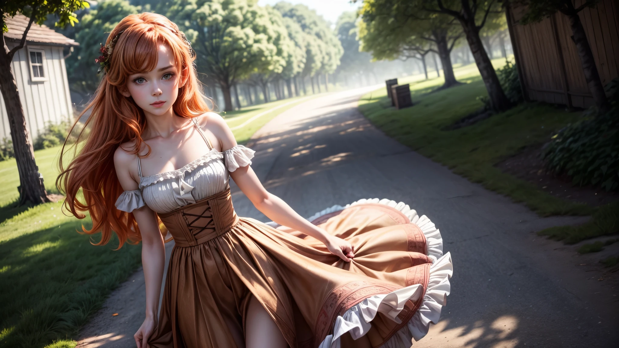 8k, masterpiece, lolita, ginger hair, ginger eyebrows, she's looking at you, bare shoulders, delicate legs, plated skirt, looking at the viewer, Looks straight into your eyes, her gaze is directed at you, Sunlit, Frolicking happily, small smile, colorful Dress with skirt, Frickles, forrest on a windy day, sunlit day, flirting cousin