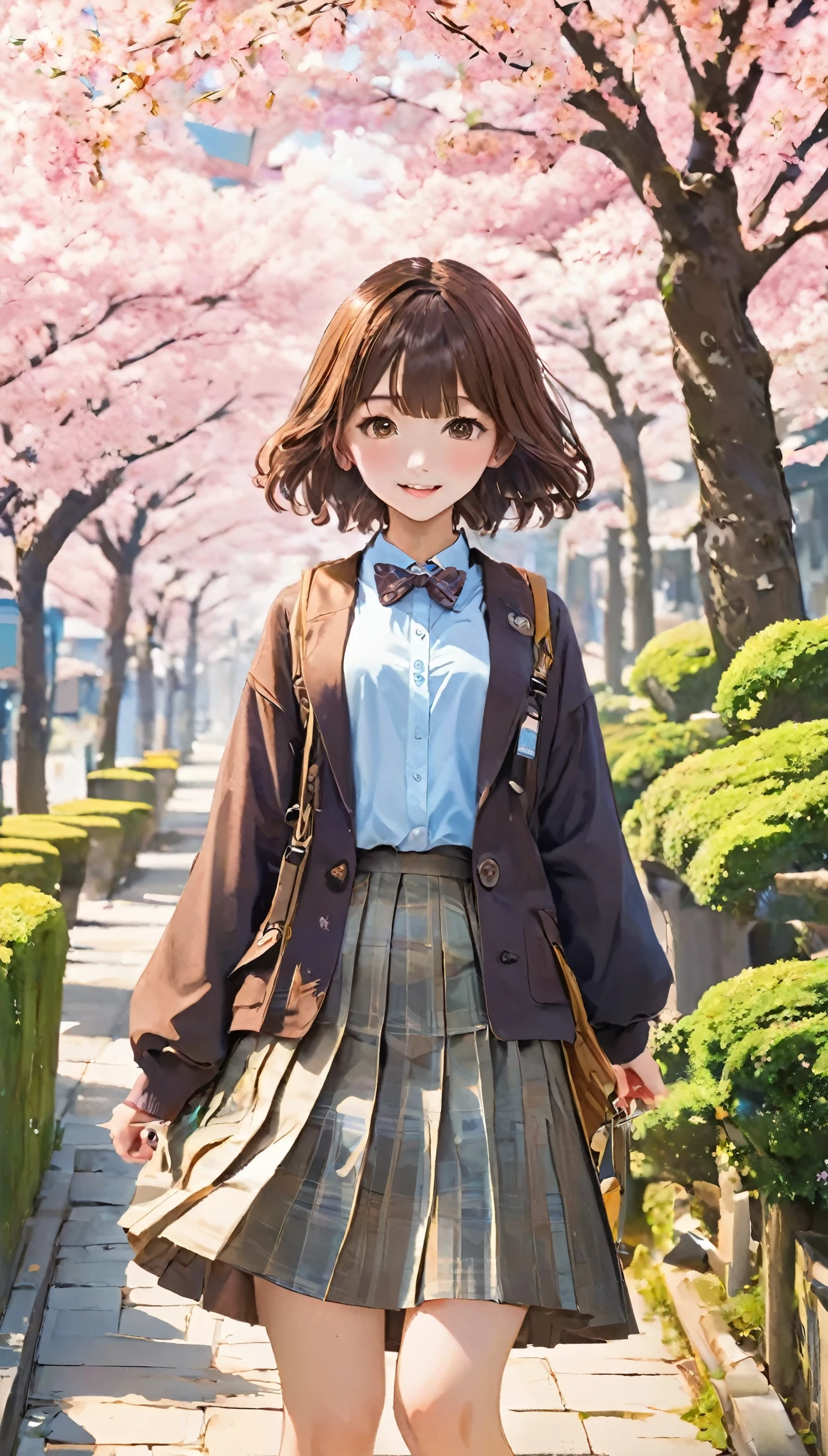 highest quality,Tabletop,Anime Style,Perfect Anatomy,solo,Skirt, bag, Outdoor, Jacket, Are standing, socks, shoes, Looking at the audience, Brown footwear, , Plaid, loafers, blazer, Brown haired, Plaidスカート, 黒いshoes下, Long sleeve, Bans, Open your clothes, オープンJacket, bow, Brown eyes, Pleated skirt, A bow tie, Tag, Hair length, Whole Body Ezbian, Bush, 赤いbow, knee height, shirt, Mouth closed, Sleeves are longer than the wrist, rucksack, put your hand on your face, 赤いA bow tie, 黒いJacket, スクールbag, blush, plant, Brown Skirt, Put your hand on your cheek, Blurred, From the side, Raise your hands, Look to the side, 襟付きshirt, mini skirt, 白のshirt, cardigan, Grass is overgrown, sweater, A light smile,Long Shot, (Low angle), (top down), Realistic scale,Significant shrinkage:1.5、Photo Real、Super Detail, Realistic, Ultra-realistic, Realistic rendering,Outdoor,Sakura Blooming Street,Professional Photographer