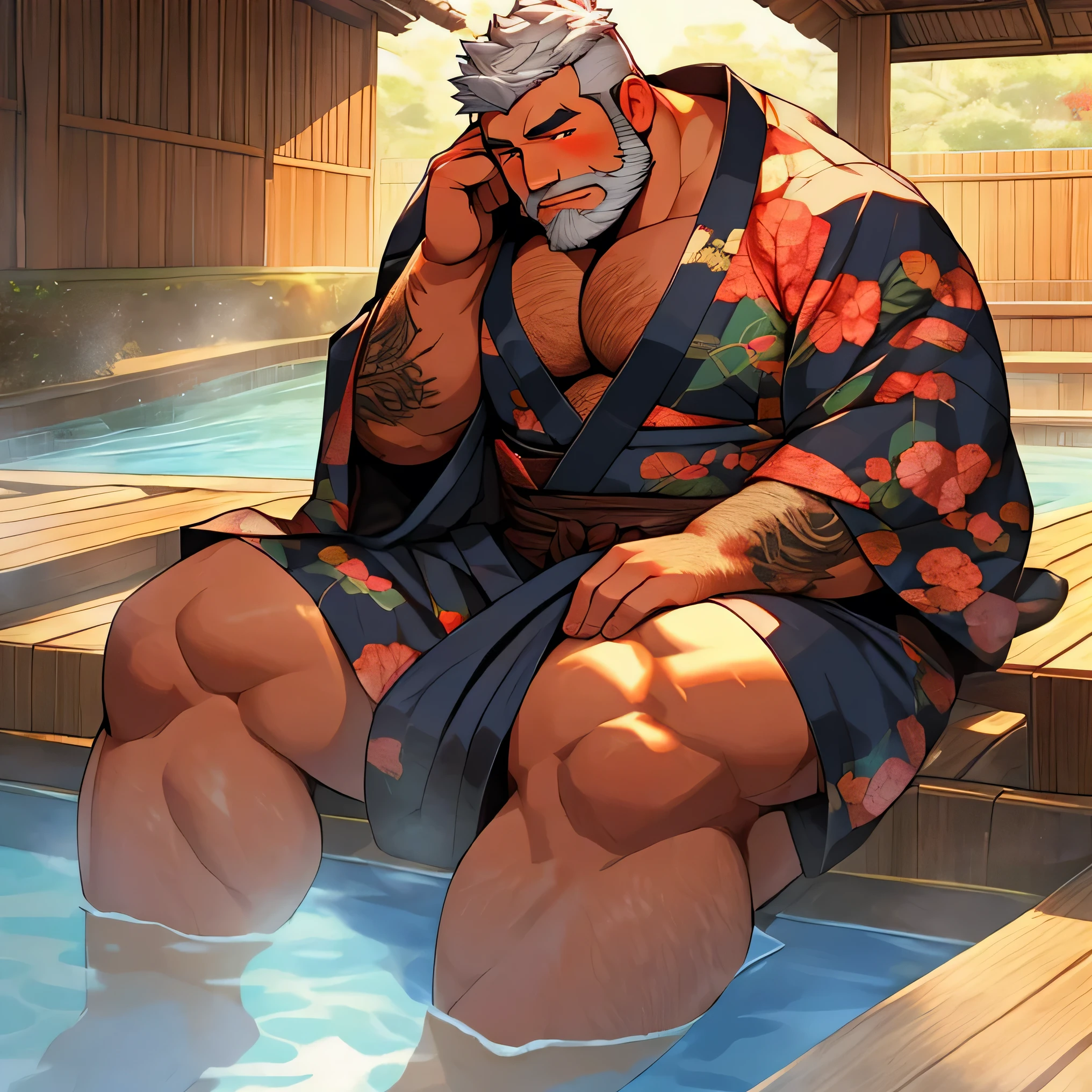Man, alone, detailed eyes, kimono, sitting, in a hot spring, barazoku, hairy, muscular body, thick beard, faded haircut, silver hair color, black beard, red eyes, tattoos, embarrassed, blushing,