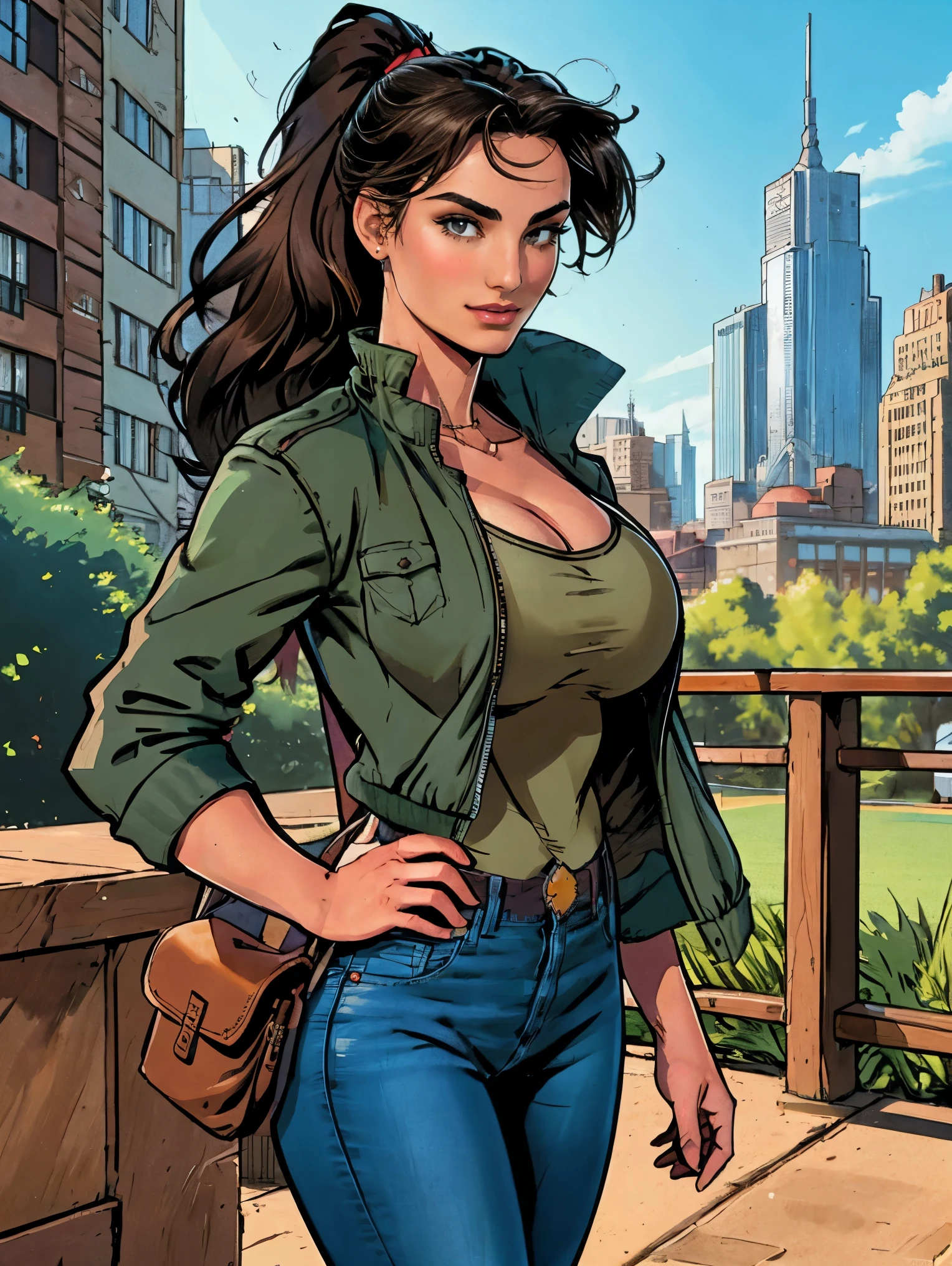 (masterpiece, top quality, best quality, official art, beautiful and aesthetic:1.2), (1girl:1.3), dark brown hair pulled back, elegant updo, extremely detailed, portrait, looking at viewer, facing viewer, solo, (full body:0.6), detailed background, close up, kindly eyes, (warm summer park theme:1.1), busty woman, charlatan, smirk, mysterious, long hair, huge ponytail, slim, thin, athletic, womanly, elastic woman, dark green jacket, tank top, blue jeans, hair bandana, camera bag, brunette, city, heroic, cheerful, city exterior, park, street, daylight, soft lighting, natural lighting, athletic, strong, slim waist, slim hips, long legs, muscular legs, modern (city park exterior:1.1) background, bright mysterious lighting, shadows, magical atmosphere, dutch angle, 