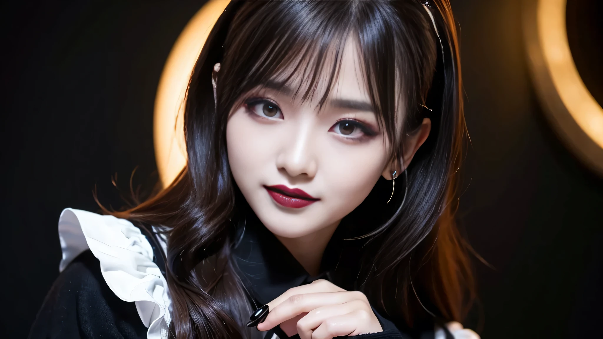 best quality、ultra-detailed、4k、Japanese、Seductive beauty、seductive adult woman、Pretty Woman、cool girl、Villainess、Brainwashed、brainwash、Fallen into evil、smirk、Evil look、Wicked Smile、evil、Brown hair、wavy hair、swept bangs、dark makeup、dark makeup、piercing eyes、hollow eyes,half-closed eyes、Hollow Eyes、purple Eyeshadow、black lipstick、black lipglos、student、uniform、Black cardigan、White Shirt、Black Ribbon、flare skirt、pantyhose、night、inside darkroom、Applying lipstick、Emblem of Evil、Crest of Darkness、Swear allegiance、I have pledged my allegiance、Dye black、Blackening、Stained with evil、Dyed in darkness、Seduce