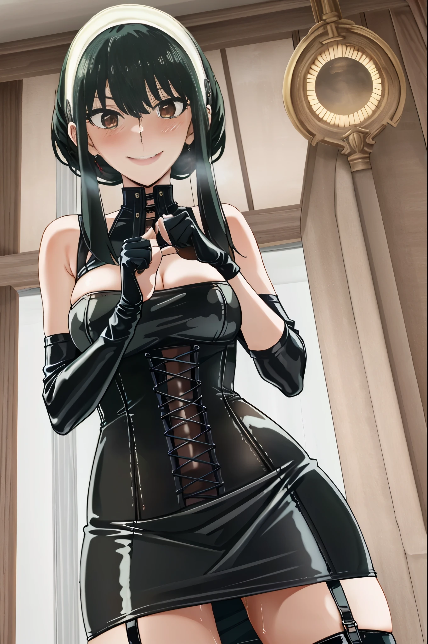 BDSM、Queen、mistress、(((One girl)))、solo、(((Long gloves covered to the fingertips in black latex:1.4 )))、(((Black latex corset dress:1.4)))、(((The corset dress is decorated with beautiful lace.)))、(((Corset dress with shoulder straps)))、(((Black latex tight mini skirt:1.4)))、(((Black Thigh Boots)))、Stiletto heels、(((Black latex panties)))、(((Black latex bra)))、(((Black leather collar)))、(((Sexy pose)))、Wide-open legs、(((Erotic)))、(((Cowboy Shot)))、((highest quality)), ((Very detailed)), masterpiece, Very detailed顔, Beautiful Face, (Fine grain, Deep Eyes), (One girl), whole body, Yoru, Black Hair, short hair, short hair with long locks, bangs, Side Lock, White hair band, Red eyes, Off-the-shoulder sweater, Red sweater, clavicle、Wicked Smile、smile、blush、drenched in sweat