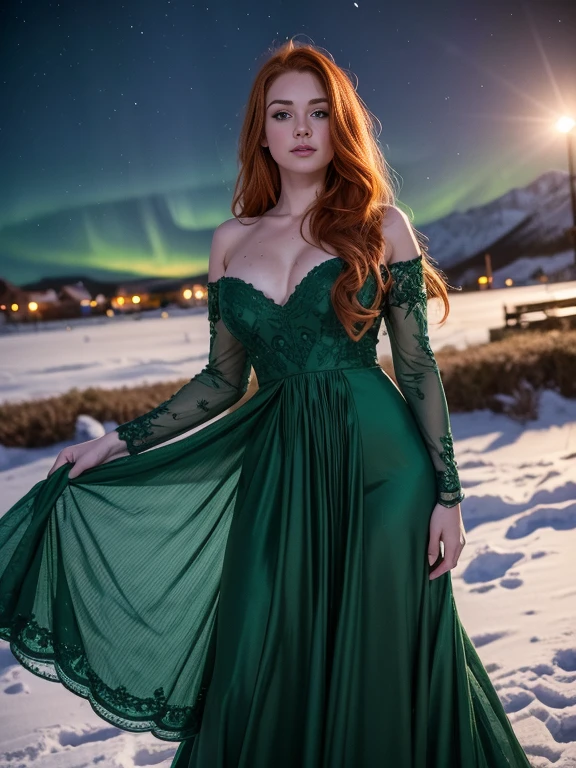Full body photo of a beautiful sexy redhead woman, 23 years old, long wavy hair, wearing a beautiful long emerald green dress. winter night, town landscape, northern lights, multiple views, blurred closeup, 85mm, Fujifilm, Canon, UHD, retina, masterpiece, anatomically correct, textured skin, super detail, high resolution, 8k