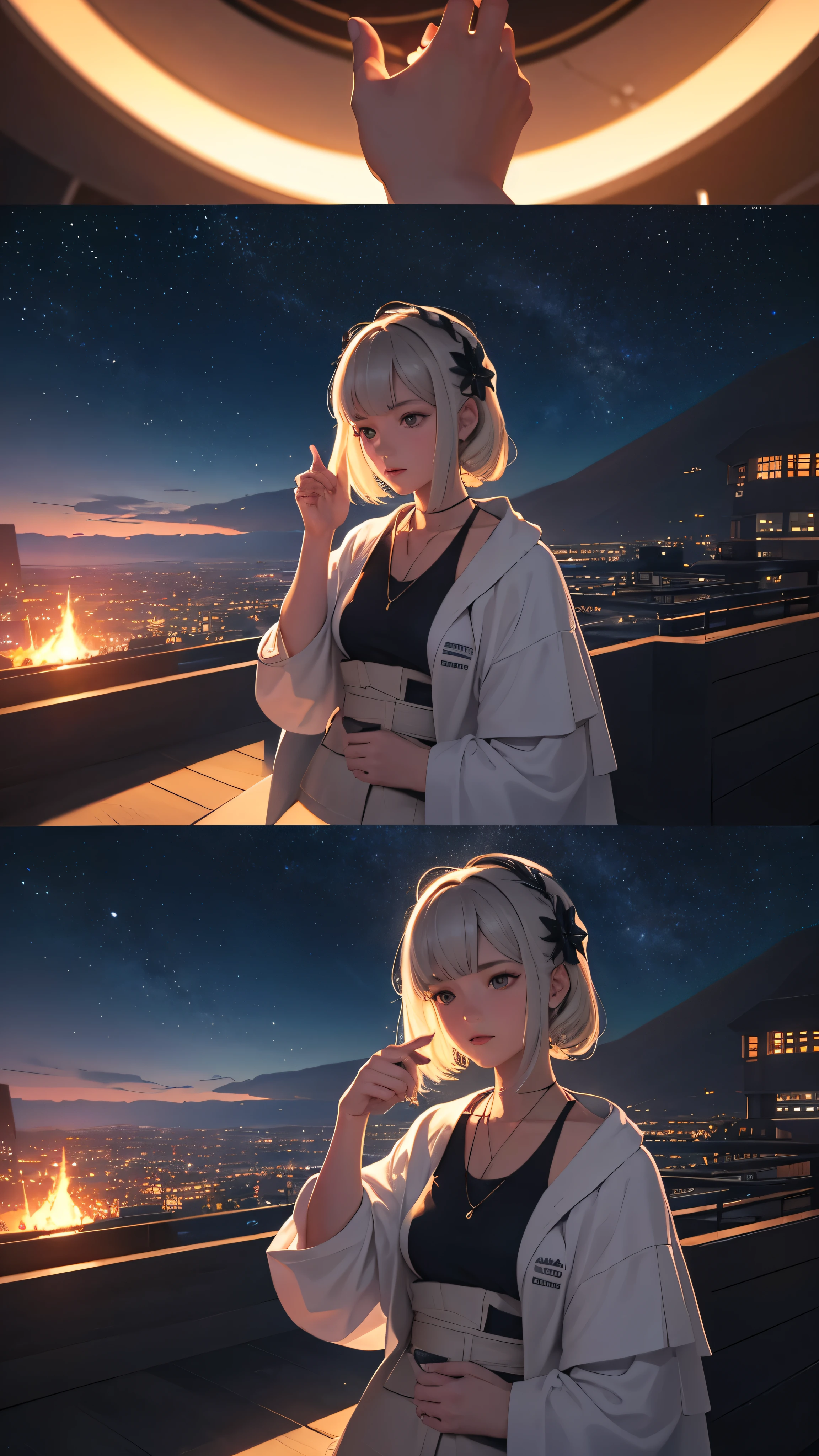 Uses Makoto Shinkai's depiction perfectly,Portrait of Becky G,8k 4k masterpiece photo ,London,A jazz bar with a glass ceiling,The twinkling stars can be seen through the glass windows.,It's a dark night outside,Jazz is playing,profile,profileが美しい,Semi-long hair,Silver Hair,Look in a different direction,Standing alone at the counter,A tight-fitting, light-colored tank top,Bust is larger