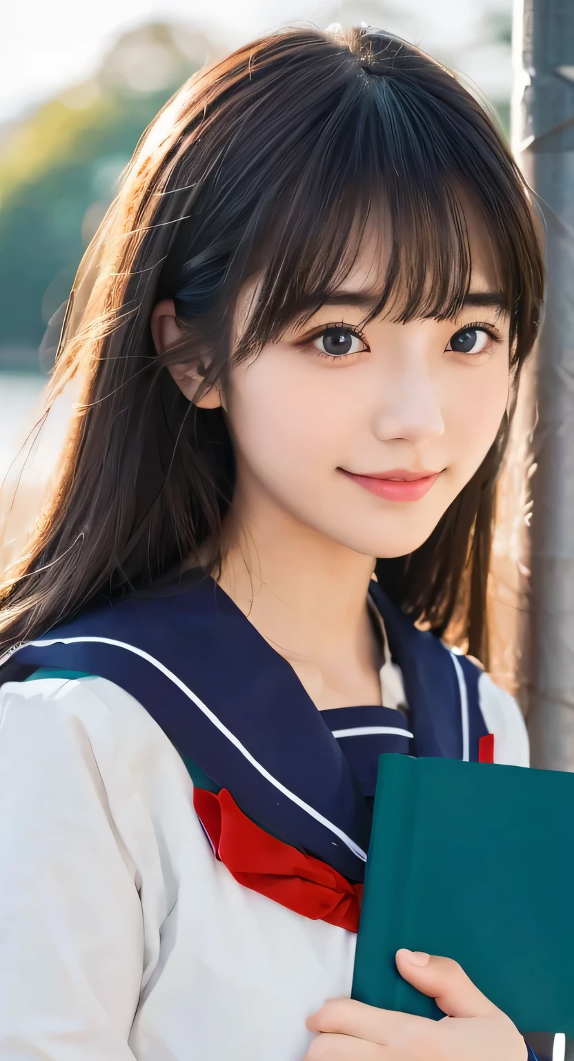 Beautiful girl in sailor suit、Hold the textbook close to your chest