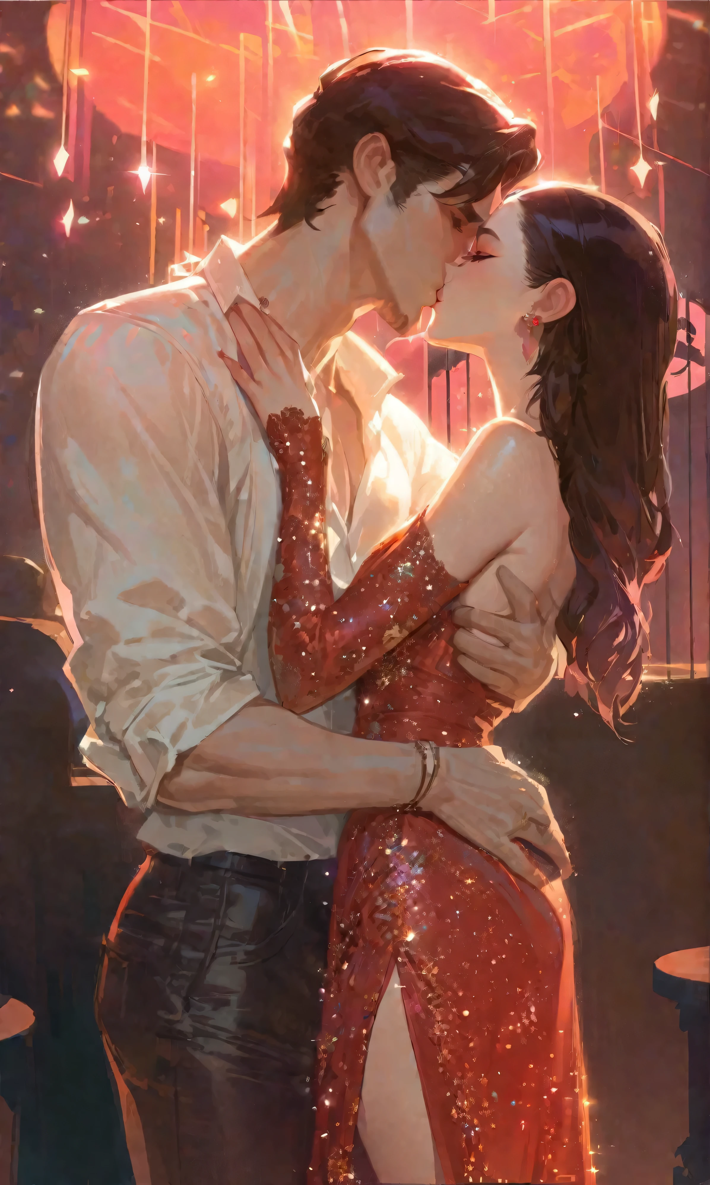 A man kisses a girl, A man with dark hair, wearing a silk white shirt, dark pants, a girl with dark hair, wearing a red dress with glitter, artstation hd, detailed painting, concept art, masterpiece, best quality, ultra - detailed, illustration, anime aesthetic, cgsociety, fantasy art, artstation hd, cgsociety, aestheticism, aesthetic