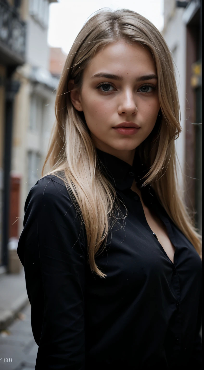 foto de una chica rubia, pretty girl, ojos grises, Ropa elegante, ((parte superior del cuerpo)), ropa oscura, Sangre on face, Sangre.(ojos grises) (COLOR DE PELO GRIS)