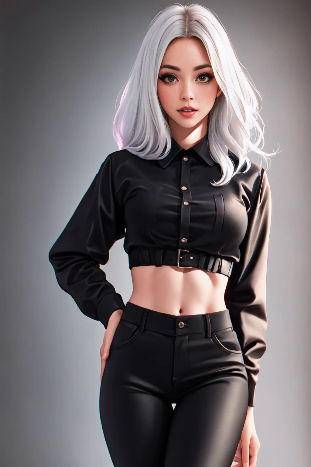 Best quality, masterpiece, a high resolution, 1 young black woman, dressed in black choir pants and jacket,red blouse,White hair, Beautiful face, Physique, Tyndall effect, realistic, dark studio, rim lighting, Two-tone lighting, (highly detailed skin: 1.2), 8K uhd, SLR camera, soft light, high quality, Volumetric light, Stealth shot, Photo, a high resolution, 4k, 8K, hips