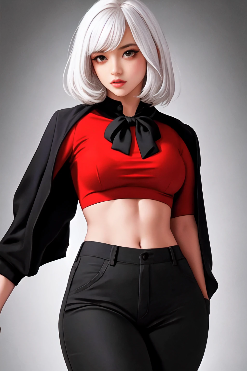 Best quality, masterpiece, a high resolution, 1 young black woman, dressed in black choir pants and jacket,red blouse,White hair, Beautiful face, Physique, Tyndall effect, realistic, dark studio, rim lighting, Two-tone lighting, (highly detailed skin: 1.2), 8K uhd, SLR camera, soft light, high quality, Volumetric light, Stealth shot, Photo, a high resolution, 4k, 8K, hips