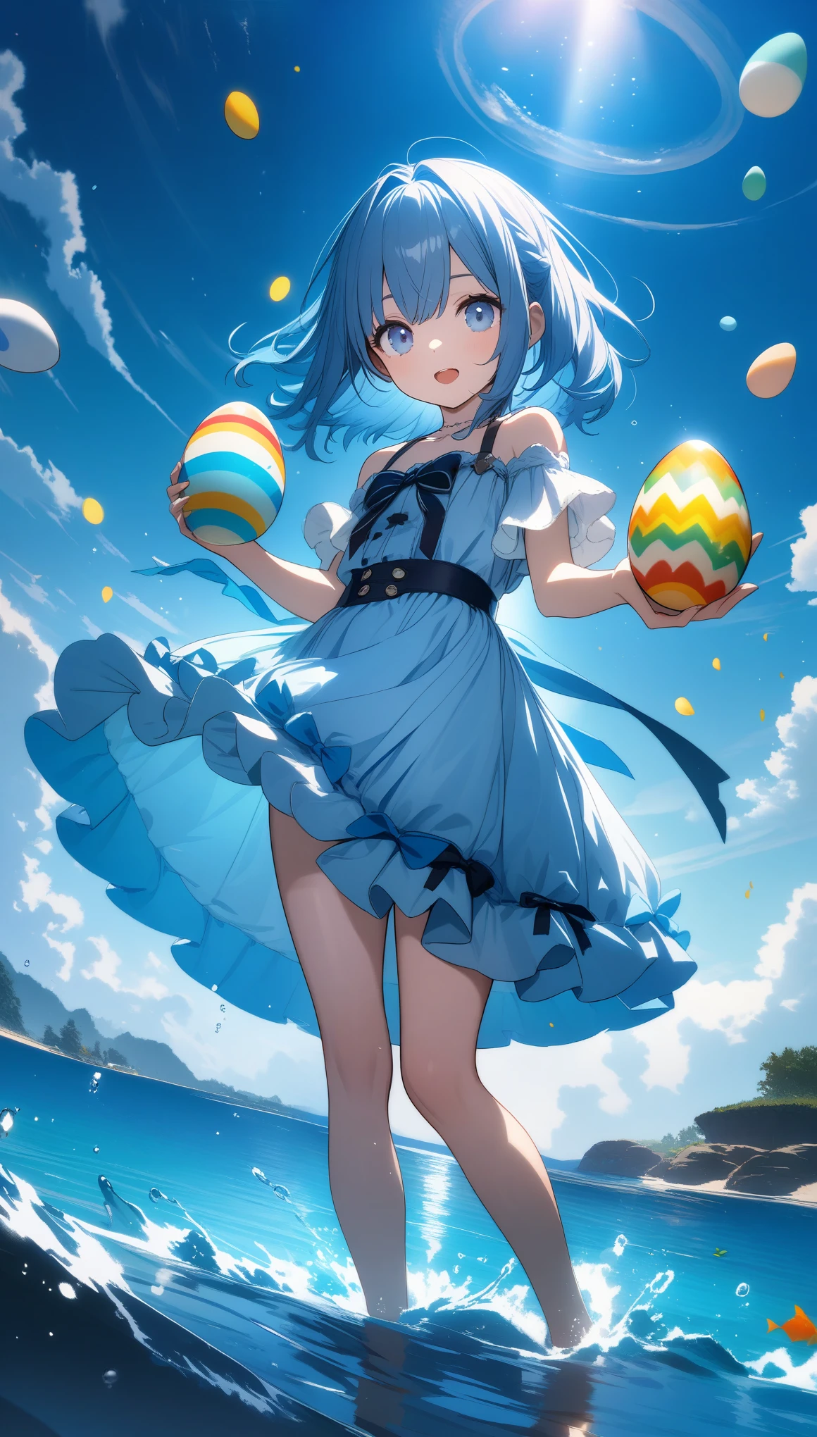 32k, best quality, ultra high res, HDR, UHD, extremely detailed CG, unity 32k wallpaper, A world full of eggs, Holding a rainbow-colored egg in both hands, Very cute girl, Blue Hair, blue eyes, A beautiful and cute blue dress, from the front, A very beautiful sea background, Standing on the water, Particles that glow blue,