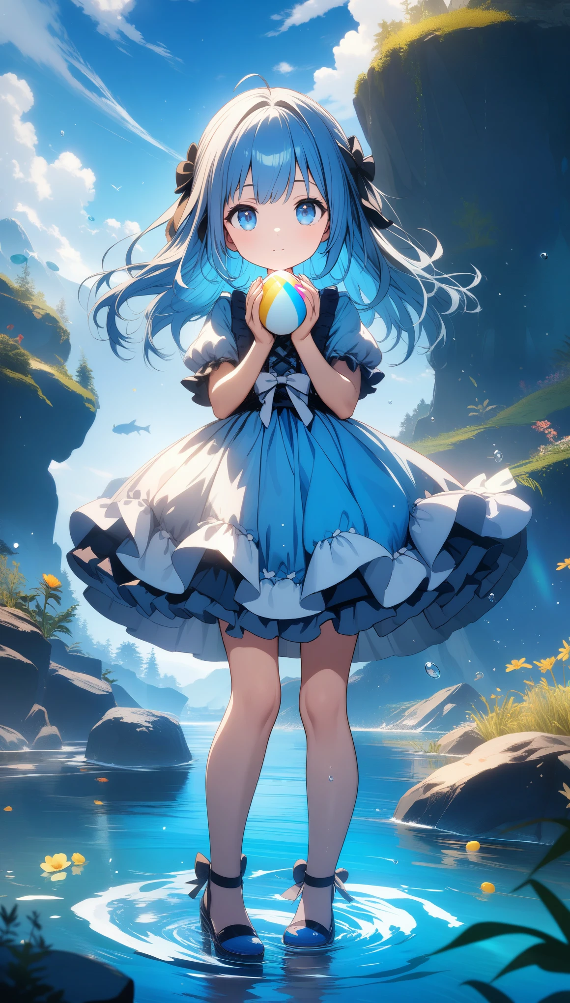 32k, best quality, ultra high res, HDR, UHD, extremely detailed CG, unity 32k wallpaper, A world full of eggs, Holding a rainbow-colored egg in both hands, Very cute girl, Blue Hair, blue eyes, A beautiful and cute blue dress, from the front, A very beautiful sea background, Standing on the water, Particles that glow blue, 