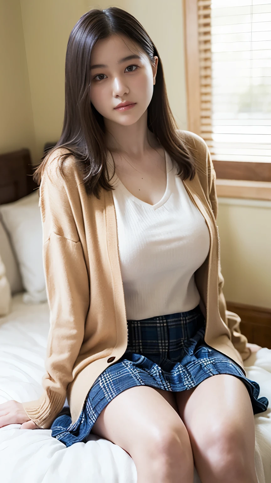 alone、Natural body shape、White skin、Natural Makeup、Black Hair、bangs、Straight Long Hair、、(expensive  、Beige long sleeve cardigan、White blouse、blue plaid pleated skirt)、、(Big Breasts:1.3)、((The upper body is wearing a uniform))、(((((Looking at the camera)))))、(((Head to knee portrait)))、(((Exposing your thighs)))、Bedroom、On the bed、Sitting、((Focus on the crotch))