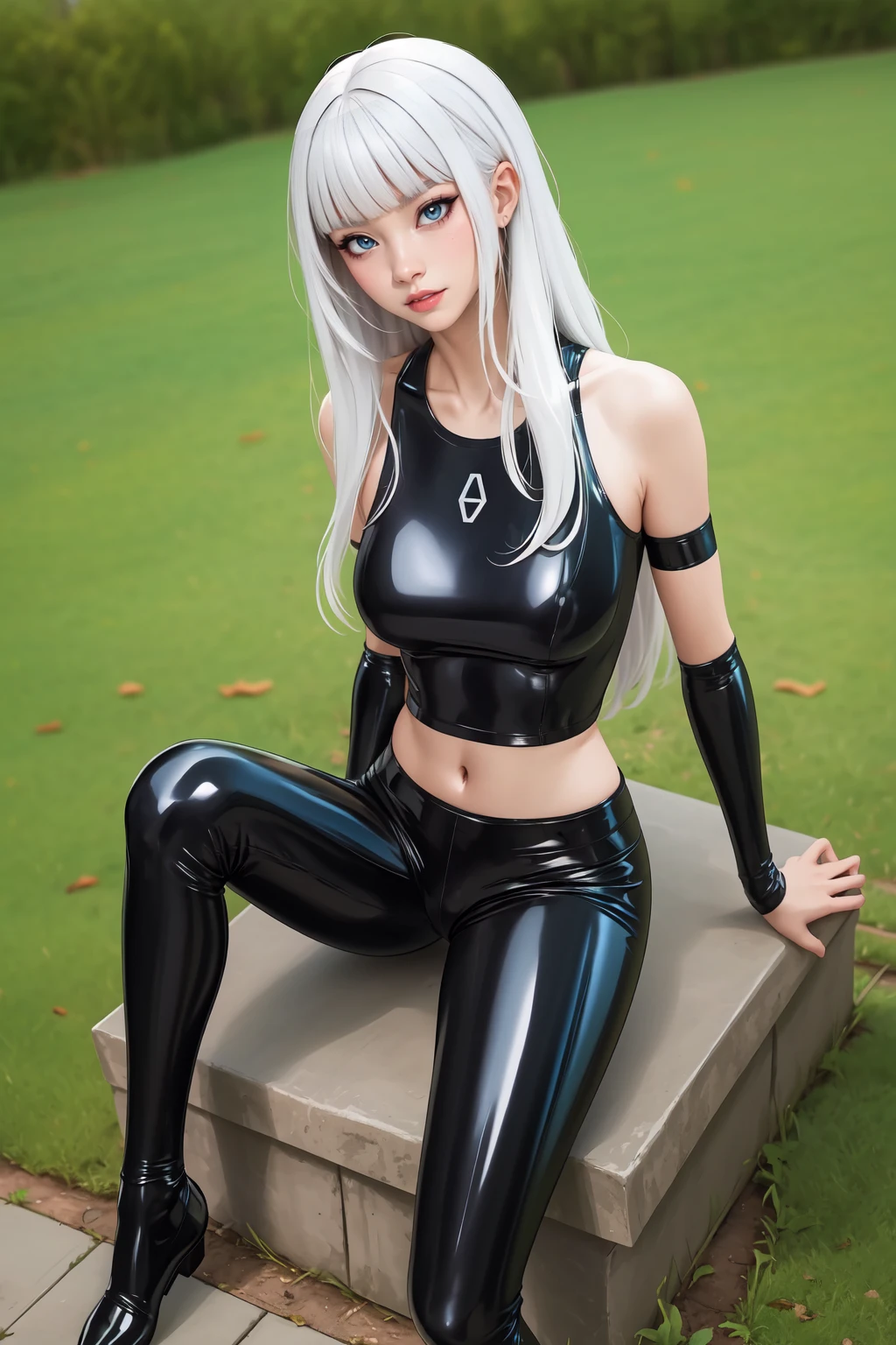 (piece of art:1.0), (better_quality:1.0), standing at attention, I look at the viewer, 8K, 1 girl, One, Anime character girl with long white hair wearing clothes (black latex shirt:1.2), (latex pants), skin, clavicle, latex, bright, navel,(black latex shirt:1.2), (latex pants), skin, clavicle, latex, bright, navel,, Beautiful , in the middle of the yard, Sitting with legs spread, open crotch