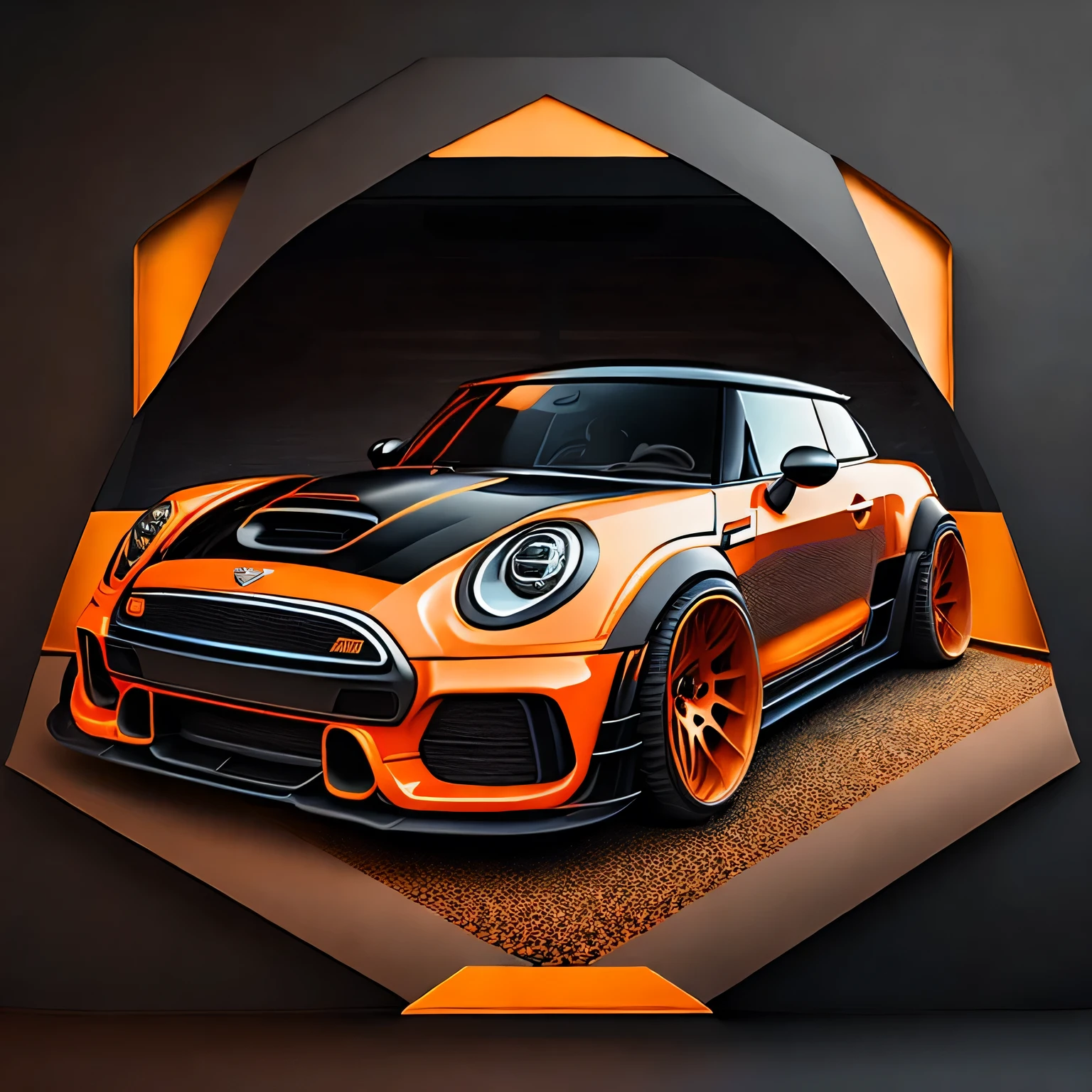 Artwork for t-shirt graphic design, bright orange coloured F56 Mini Cooper S in tunnel design, impactful colorful paint, highly detailed, vibrant colors , 8k, sharp, professional, clear, high contrast, high saturated, , vivid deep blacks, crystal clear ((carbon fibre, Liberty walk ultra wide body kit)), aggressive stance ((background: racetrack, outside old industrial style building, large windows in background, overcast sky, heavy industrial look, cobble stone street)), 8K quality, realistic, realism, sharp, detailed, ultrawide, black and carbon fibre and deep candy orange colour scheme, front profile, epic stance, epic ultra wide body kit, super low stance, aggressive looks , street, background vintage pastel tone, highly detailed clean, vector image, realistic masterpiece, professional photography, realistic car, car sunrise background, flat black background, isometric, vibrant vector
