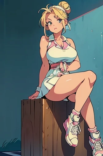 

80s manga style blonde girl tied hair
up with big breasts in a dress and tennis shoes sitting on a motorbike