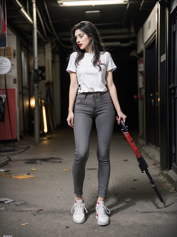 (Sci-fi fantasy), (masterpiece), (Professional Oil Painting) (highest quality), (8k resolution), (1 beautiful girl), ((Pale grey skin)), (Iron grey skin), ((Black Jeans )),(Wine Red Leather Jacket)), ((White t-shirt underneath), ((Red lipstick)), ((Black sneakers)), (Concept Art), Small box, (Long Hair), (Messy Hair), (Gray Hair), (Iron-gray hair), ((With futuristic weapons)), (ammunition),