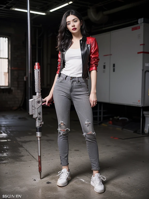 (Sci-fi fantasy), (masterpiece), (Professional Oil Painting) (highest quality), (8k resolution), (1 beautiful girl), ((Pale grey skin)), (Iron grey skin), ((Black Jeans )),(Wine Red Leather Jacket)), ((White t-shirt underneath), ((Red lipstick)), ((Black sneakers)), (Concept Art), Small box, (Long Hair), (Messy Hair), (Gray Hair), (Iron-gray hair), ((With futuristic weapons)), (ammunition), 
