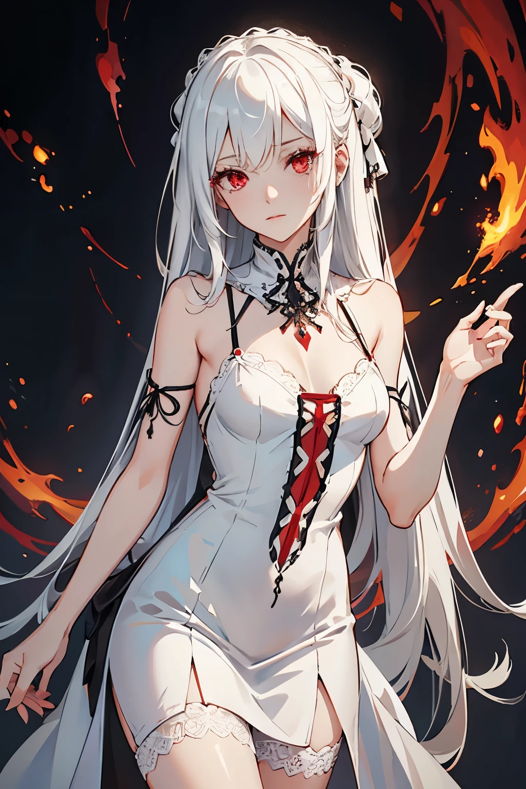 Character design, female, long black hair, white hair strands, wearing a short white lace dress with spaghetti straps, red eyes, small frame, very skinny, detailed, best quality