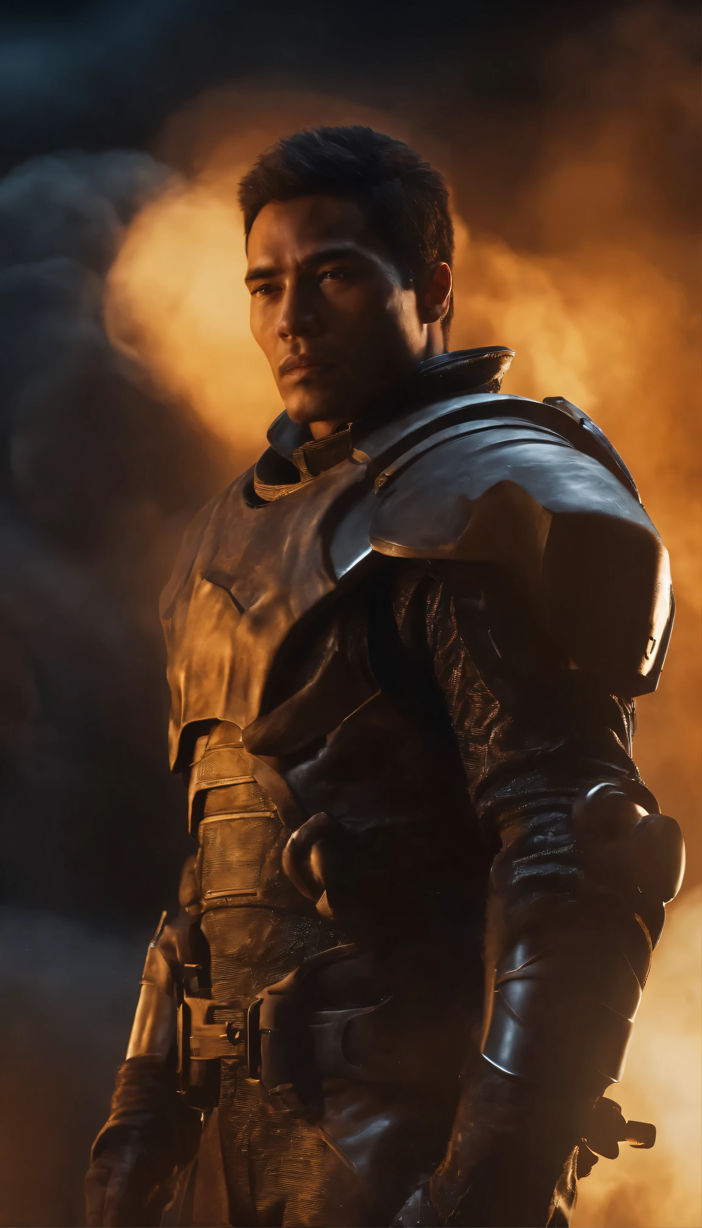 It depicts a young programmer sitting on a high-tech research platform floating in the middle of an asteroid belt.。Surrounded by several asteroids、That fiery aura、It is vividly portrayed in the dramatic story of this scene.。Distant stars and planets、The metallic suit casts a fascinating, deep shadow.。A young man staring into the infinite universe, his face fascinated by the mystery and complexity、Inscribed with determination and reverence。His facial features are、Including chiseled jawline and stubble、Add depth and character to your images。Dramatic lighting in cowboy shots highlights powerful moments、It emphasizes his powerful profile.。