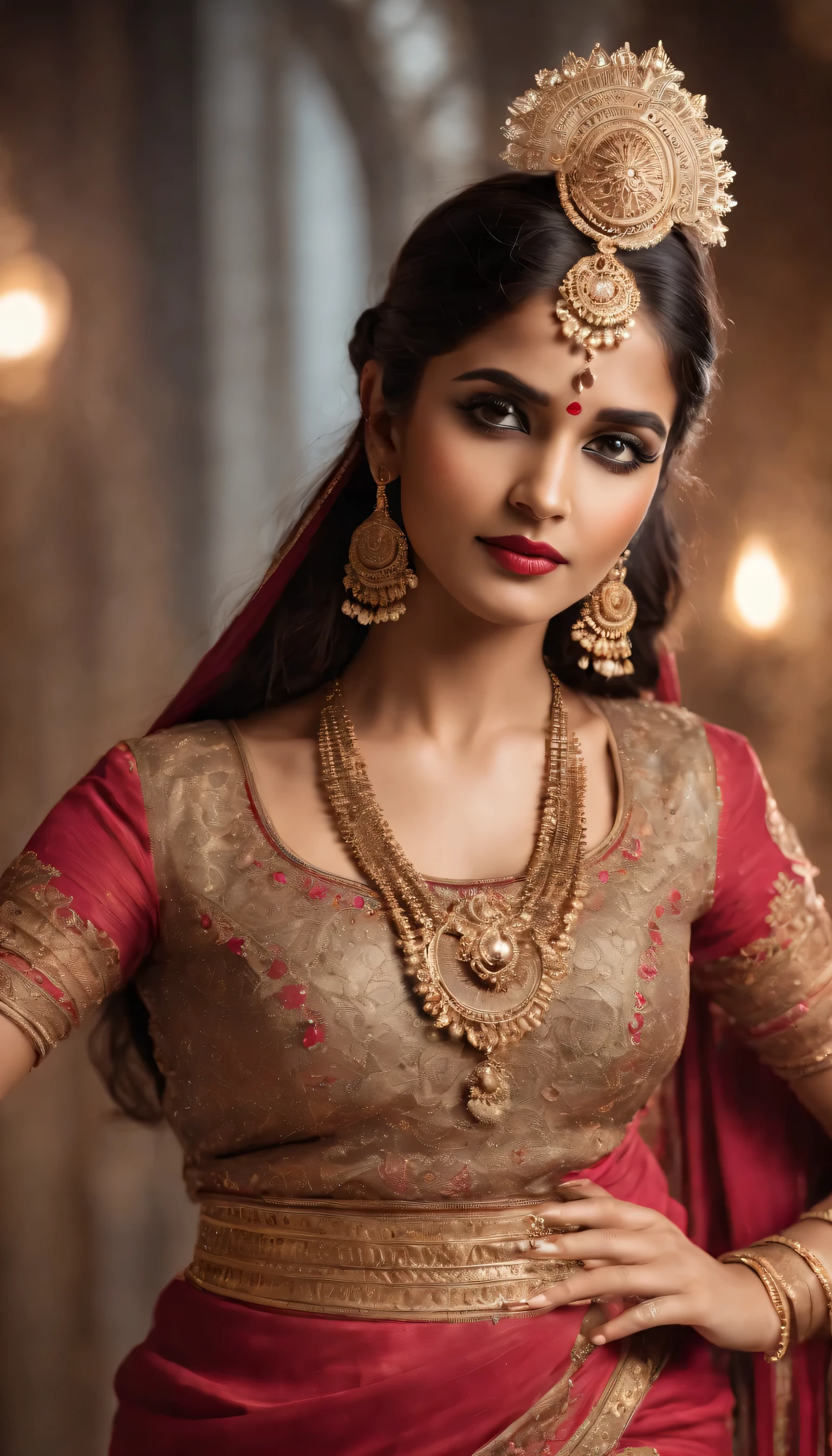 A mechanical Indian dancer,Metal color scheme,Highly detailed face and body,Sparkling eyes and vibrant makeup,ornate jewelry,Smooth and elegant movements,traditional Indian clothing,Gears and clockwork mechanisms are widely used,Ethereal backdrop with hints of Indian architecture,Professional studio lighting(Best quality:1.2),Dramatic shadows and highlights,Elegant and complex dance poses,Contrasting colors and textures,Technology blends with traditional art