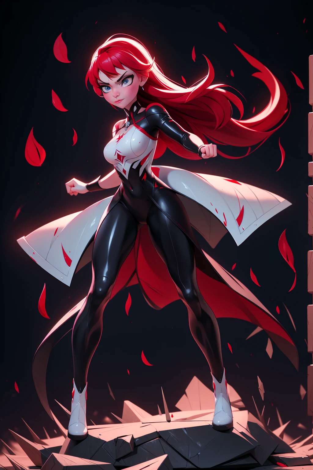 ((full body photo, standing, feet on the ground)) Elsa-Yor Briar Fusion, Merging models, melting, Yor Briar clothes, Black + red latex bodysuit, White + red hair, serious face, Angry, Focused, Red petals , Particles of blood and ice, Assassin, Murder, 1girl, Beautiful, Character, Woman, Female, (master part:1.2), (best quality:1.2), (Solo:1.2), ((fighting pose)), ( (battlefield), cinemactic, perfect eyes, perfect skin, perfect lighting, smile, light, color, textured skin, detail, beauty, wonder, ultra-detailed, perfect face