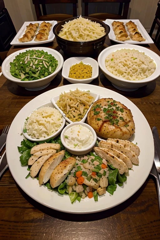 make a buffet platter with lettuce rice beans mashed potatoes and roast chicken