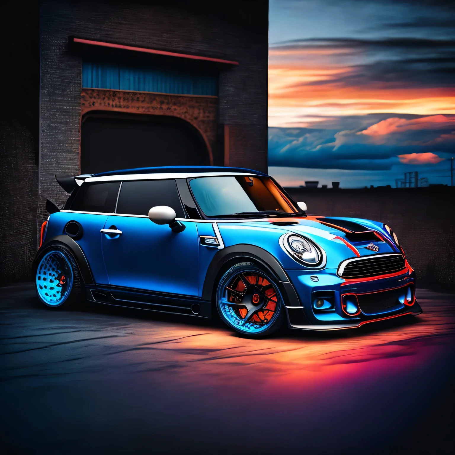 Artwork for t-shirt graphic design, bright blue coloured F56 Mini Cooper S in tunnel design, impactful colorful paint, highly detailed, vibrant colors , 8k, sharp, professional, clear, high contrast, high saturated, , vivid deep blacks, crystal clear ((carbon fibre, Liberty walk ultra wide body kit)), aggressive stance ((background: racetrack, outside old industrial style building, large windows in background, overcast sky, heavy industrial look, cobble stone street)), 8K quality, realistic, realism, sharp, detailed, ultrawide, black and carbon fibre and deep candy blue colour scheme, front profile, epic stance, epic ultra wide body kit, super low stance, aggressive looks , street, background vintage pastel tone, highly detailed clean, vector image, realistic masterpiece, professional photography, realistic car, car sunrise background, flat black background, isometric, vibrant vector