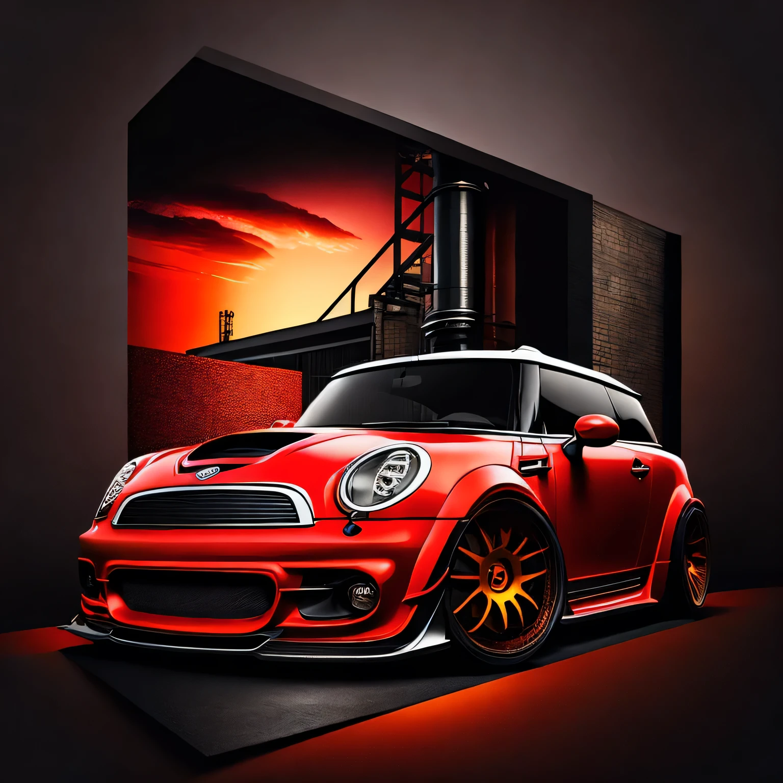 Artwork for t-shirt graphic design, bright red coloured F56 Mini Cooper S in tunnel design, impactful colorful paint, highly detailed, vibrant colors , 8k, sharp, professional, clear, high contrast, high saturated, , vivid deep blacks, crystal clear ((carbon fibre, Liberty walk ultra wide body kit)), aggressive stance ((background: racetrack, outside old industrial style building, large windows in background, overcast sky, heavy industrial look, cobble stone street)), 8K quality, realistic, realism, sharp, detailed, ultrawide, black and carbon fibre and deep red orange colour scheme, front profile, epic stance, epic ultra wide body kit, super low stance, aggressive looks , street, background vintage pastel tone, highly detailed clean, vector image, realistic masterpiece, professional photography, realistic car, car sunrise background, flat black background, isometric, vibrant vector