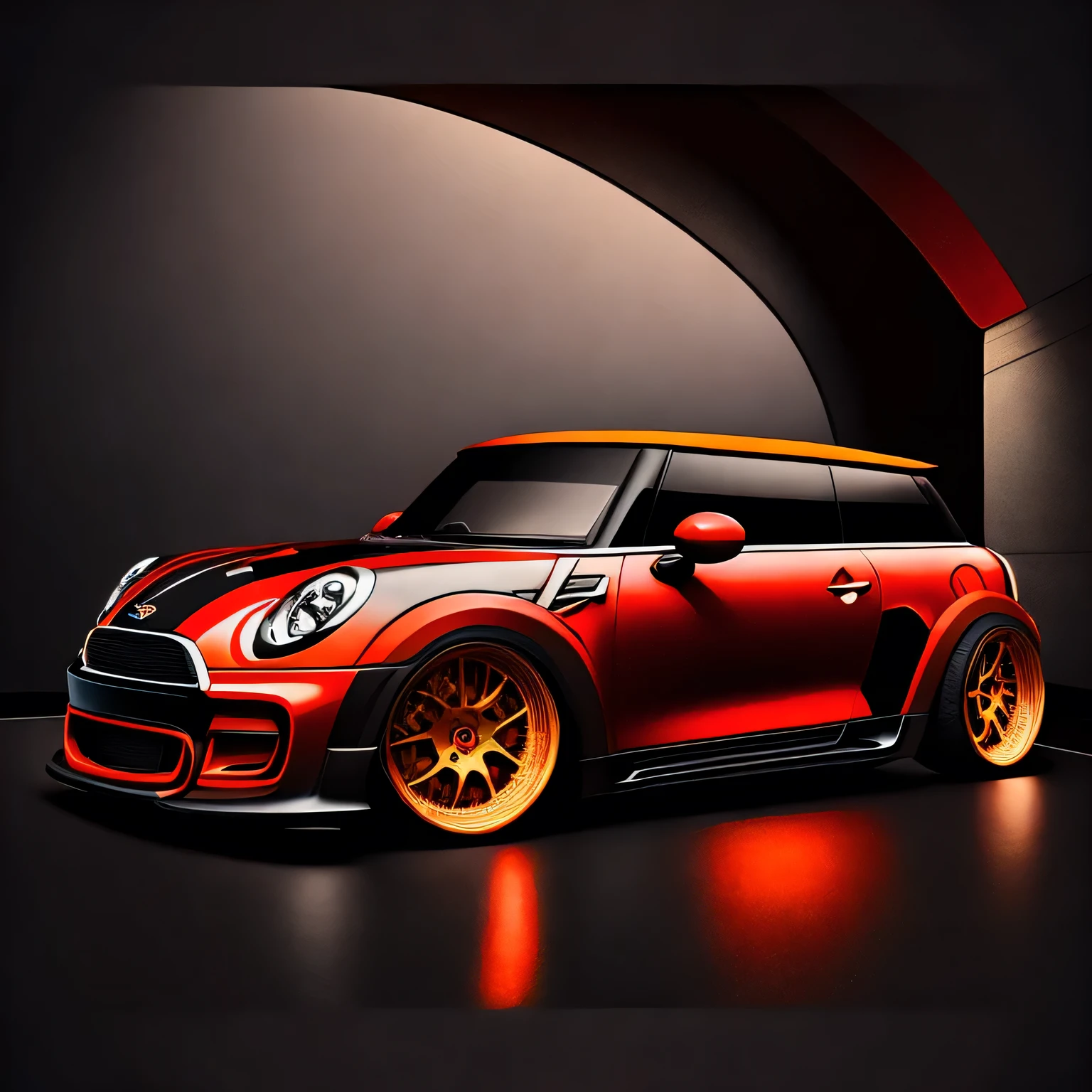 Artwork for t-shirt graphic design, bright red coloured F56 Mini Cooper S in tunnel design, impactful colorful paint, highly detailed, vibrant colors , 8k, sharp, professional, clear, high contrast, high saturated, , vivid deep blacks, crystal clear ((carbon fibre, Liberty walk ultra wide body kit)), aggressive stance ((background: racetrack, outside old industrial style building, large windows in background, overcast sky, heavy industrial look, cobble stone street)), 8K quality, realistic, realism, sharp, detailed, ultrawide, black and carbon fibre and deep red orange colour scheme, front profile, epic stance, epic ultra wide body kit, super low stance, aggressive looks , street, background vintage pastel tone, highly detailed clean, vector image, realistic masterpiece, professional photography, realistic car, car sunrise background, flat black background, isometric, vibrant vector