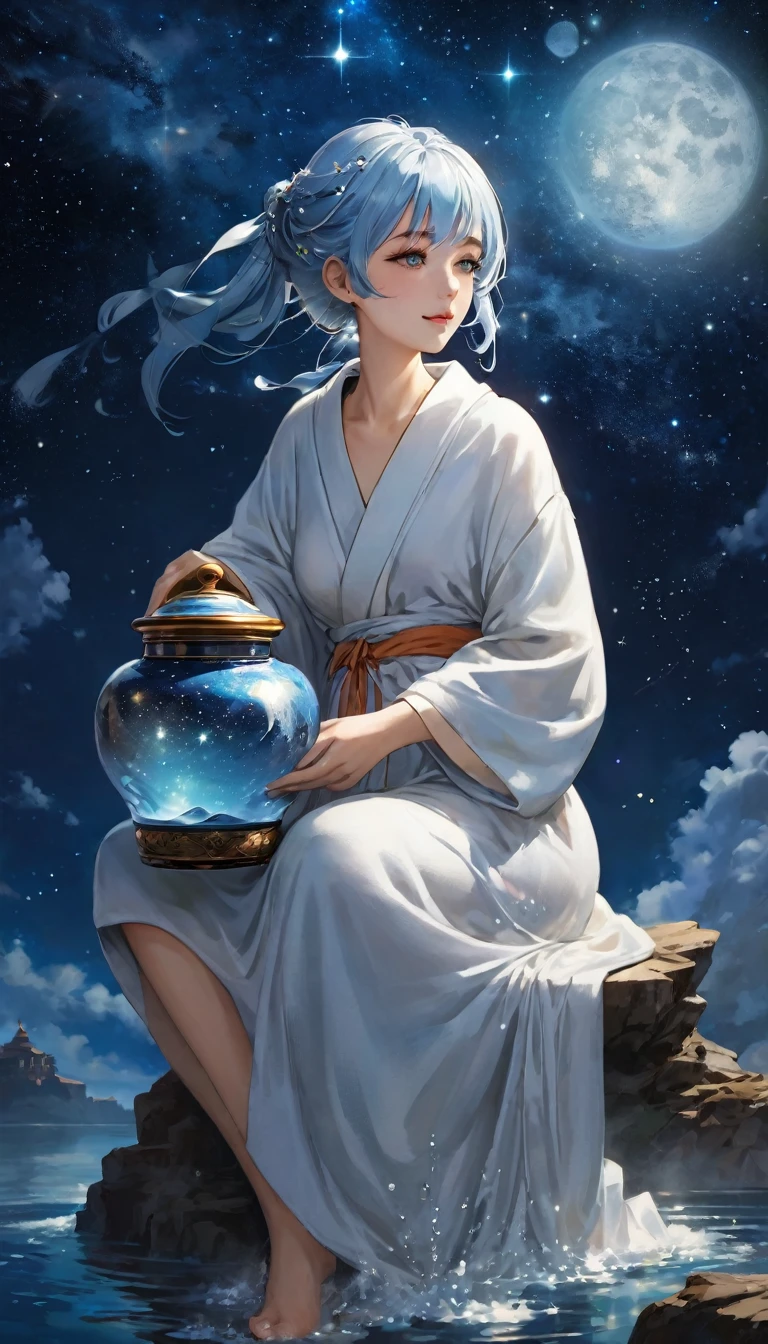 (8k, 16k, Awards, highest quality, High resolution, Super Detail, masterpiece: 1.3), (1 girl), (女性はふたのないCeramic jarsを傾け、Throw out the water: 1.3), Overflowing water, (Falling water becomes a waterfall: 1.2, The power of waterfall), Beautiful woman holding big ceramic jar next to her, Ceramic jars, (Hold the ceramic jar by tilting it to the side: 1.1) , Woman in white robe, Light blue hair, and、A very beautiful maiden is floating in the empty night sky. Starry sky sitting above clouds, Incarnation of Aquarius,