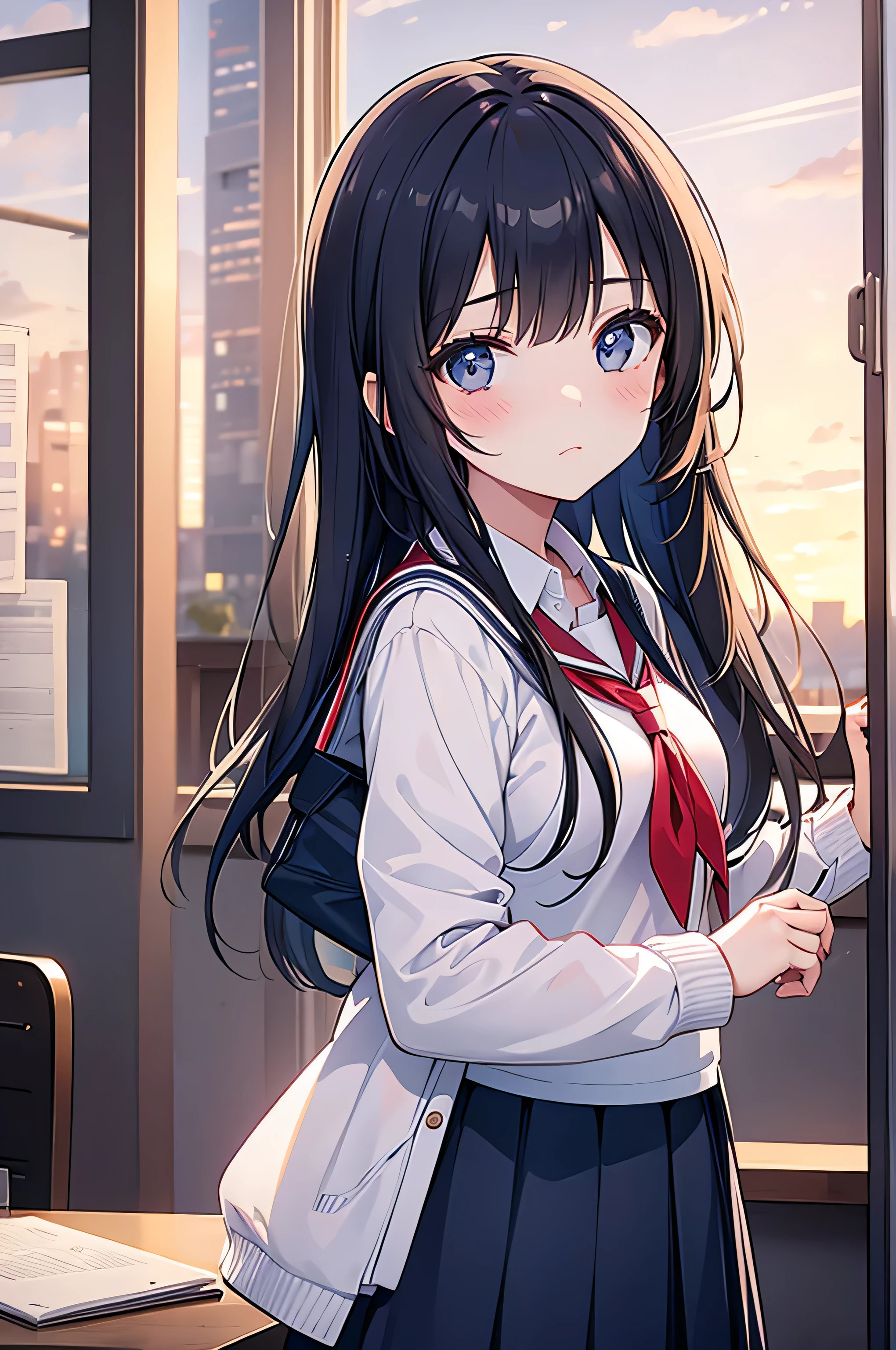 high school girl, study, Confused eyes, evening,