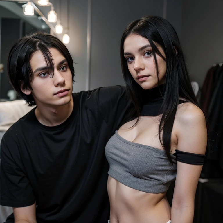 Emo couple Taking a selfie Interracial , the boy is Polish, similar to Dominik Santorski from the movie Suicide Room He is Polish, grayish blue eyes, white complexion , tall 1.91cm and slim, his hair is dark brown and short emo hairstyle The girl is Mexican emo Scene long straight black hair light brunette complexion she has curvy body and black eyes she is shorts 1.65cm