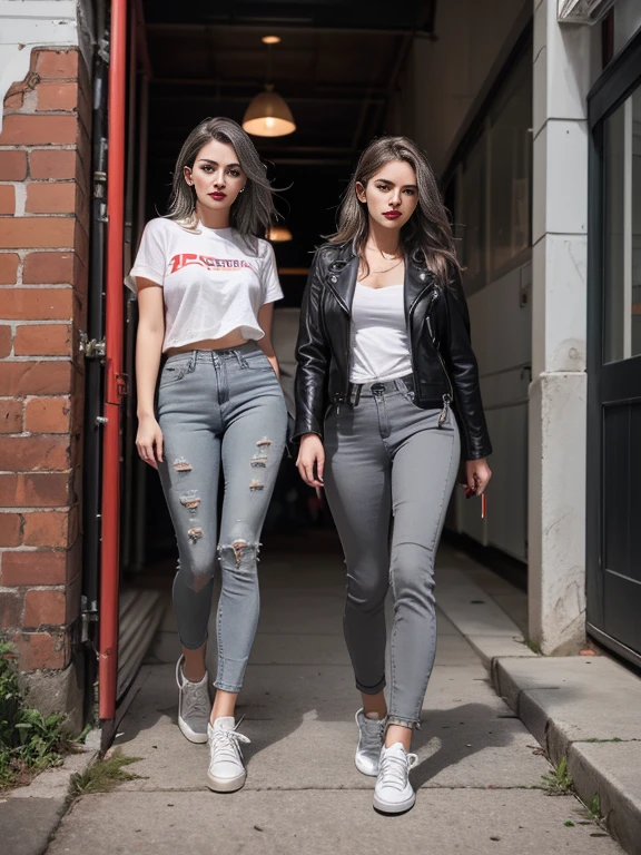 (Sci-fi fantasy), (masterpiece),Resident Evil universe, (Professional Oil Painting) (highest quality), (8k resolution), (1 beautiful girl), ((Pale grey skin)), (Iron grey skin), ((Black Jeans )),(Wine Red Leather Jacket)), ((White t-shirt underneath), ((Red lipstick)), ((Black sneakers)), (Concept Art), Small box, (Long Hair), (Messy Hair), (Gray Hair), (Iron-gray hair), ((With futuristic weapons)),