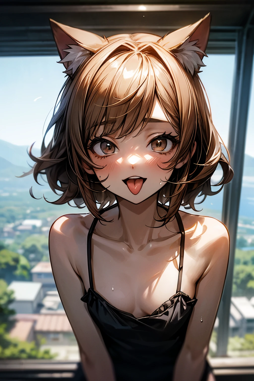 ((Masterpiece)), ((best quality)), (Anime:1.3), (super detail:1.2),(High Definition:1.3), (Professional Photography:1.2), ((12 years old)), Portrait shot, (morning), messy medium hair, (slightly exposed small chest), Beautiful collarbone, (Cheesy ragged camisole top), white camisole, Slender body, (place hand on cheek), Sweaty skin, (nauthy smile), open mouth, ((sticking out tongue)), Textured skin, (Cat ears), Pale brown hair, Cute Beautiful Girl, BREAK, ((best quality)), View of the sea and slums, ((On a steel tower at an altitude of 200 meters)), 