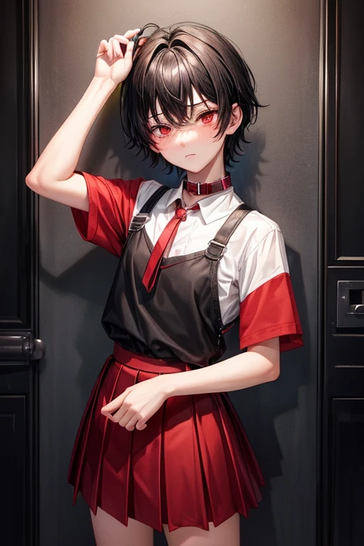 ager man boy 18 years old short black hair red eyes wearing red pleated skirt blushing with a pet collar on his neck