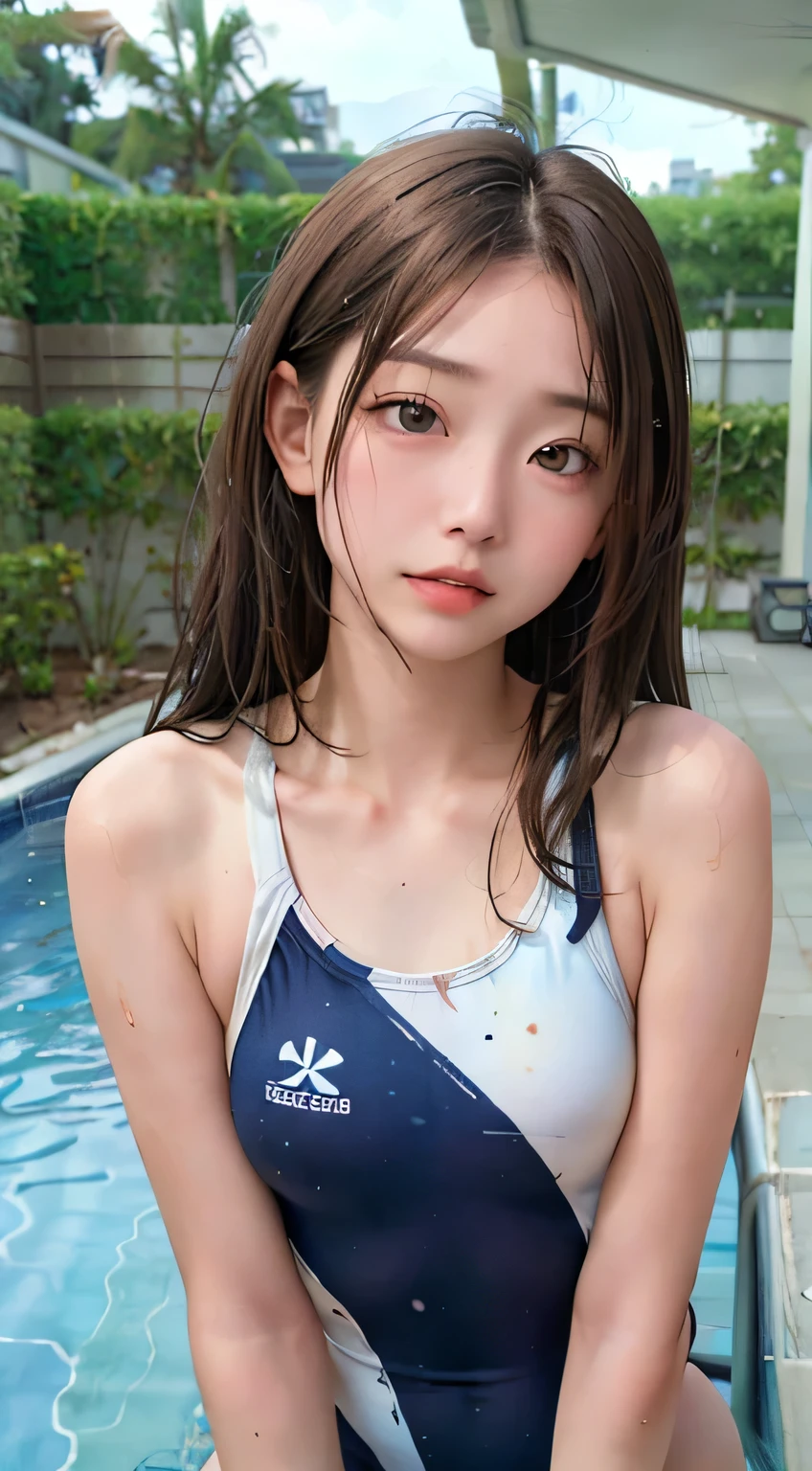 highest quality, RAW Photos, Realistic, face, Incredibly beautiful girl, cute, Long Hair,Written boundary depth, High resolution, Super detailed, detailed, Very detaileded, extremely detaileded eye and face, Sharp pupils, Realistic students, Sharp focus, Cinema Lighting, Japanese, Short women, Physical build, Short arms, Long, narrow eyes, Fleeting atmosphere, , Brown bob hair, ((thin lips)), White top and bottom underwear, Masterpiece, highest quality, Detailed skin, Detailed face, Fine grain, 8k, Excellent anatomy, Upper body portrait,flat breasts, small breasts, small,( small bust: 1.2), small bust, (slim, small, flat, small), thin, Delicate and sexy collarbone, One Girl, (Beautiful girl, Delicate girl:1.3), (15 years old, (One piece swimsuit, Swimsuit:1.2),
break, (Pool:1.3),Wet,Shiny,
break, Very beautiful eyes, (Symmetrical eyes:1.3),
break, , Brown eyes, Parted bangs, Brown Hair, (Upper teeth, The best smile:0.2),
break, (Eyes and face detail:1.0),
break, (masterpiece, highest quality, Super detailed, Detailed face, 8k)